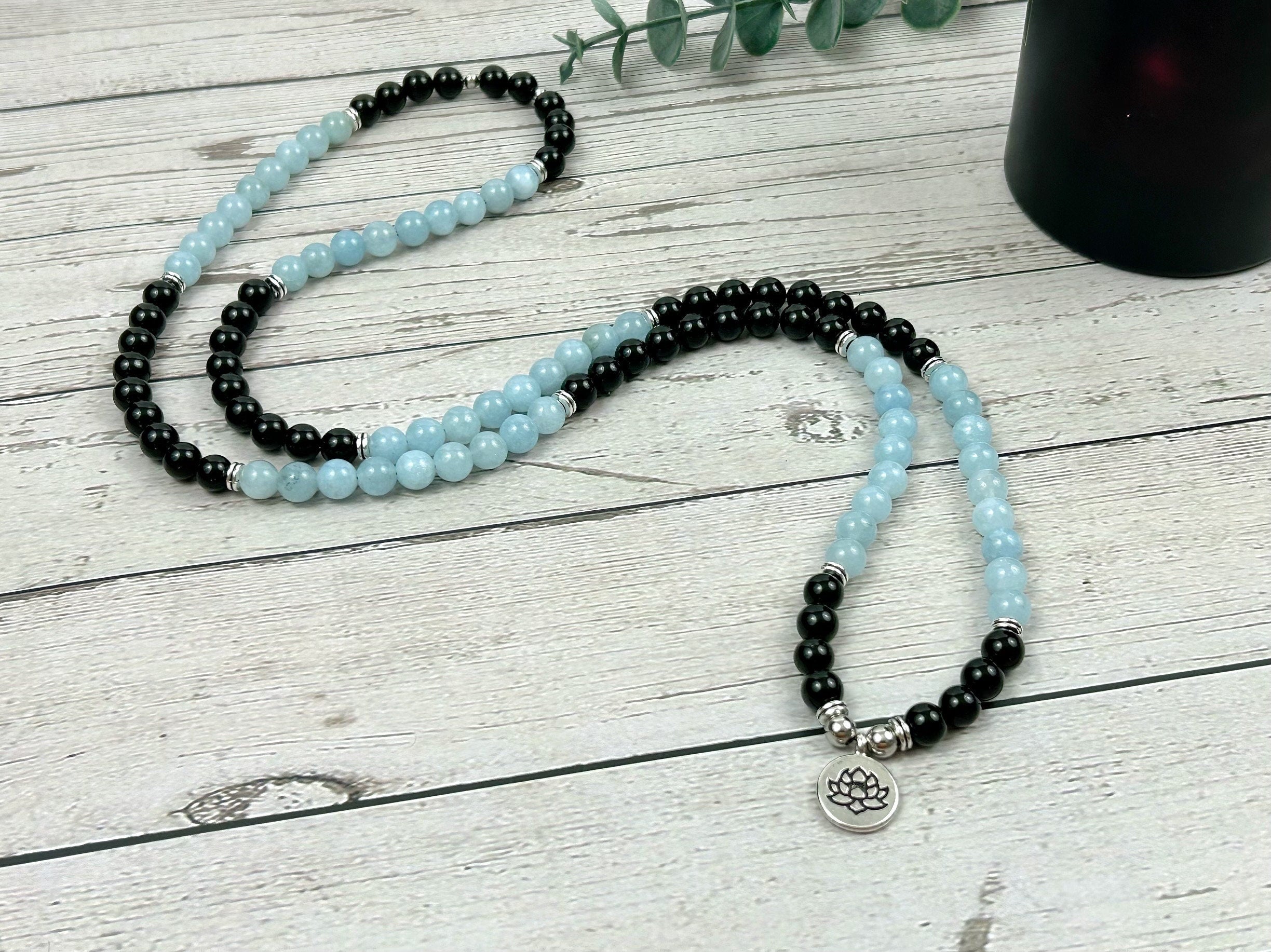 108 Mala Beads Necklace, Aquamarine Necklace, Onyx Prayer Beads Necklace, 108 Mala Beads Bracelet, Meditation Necklace, Handmade Jewelry