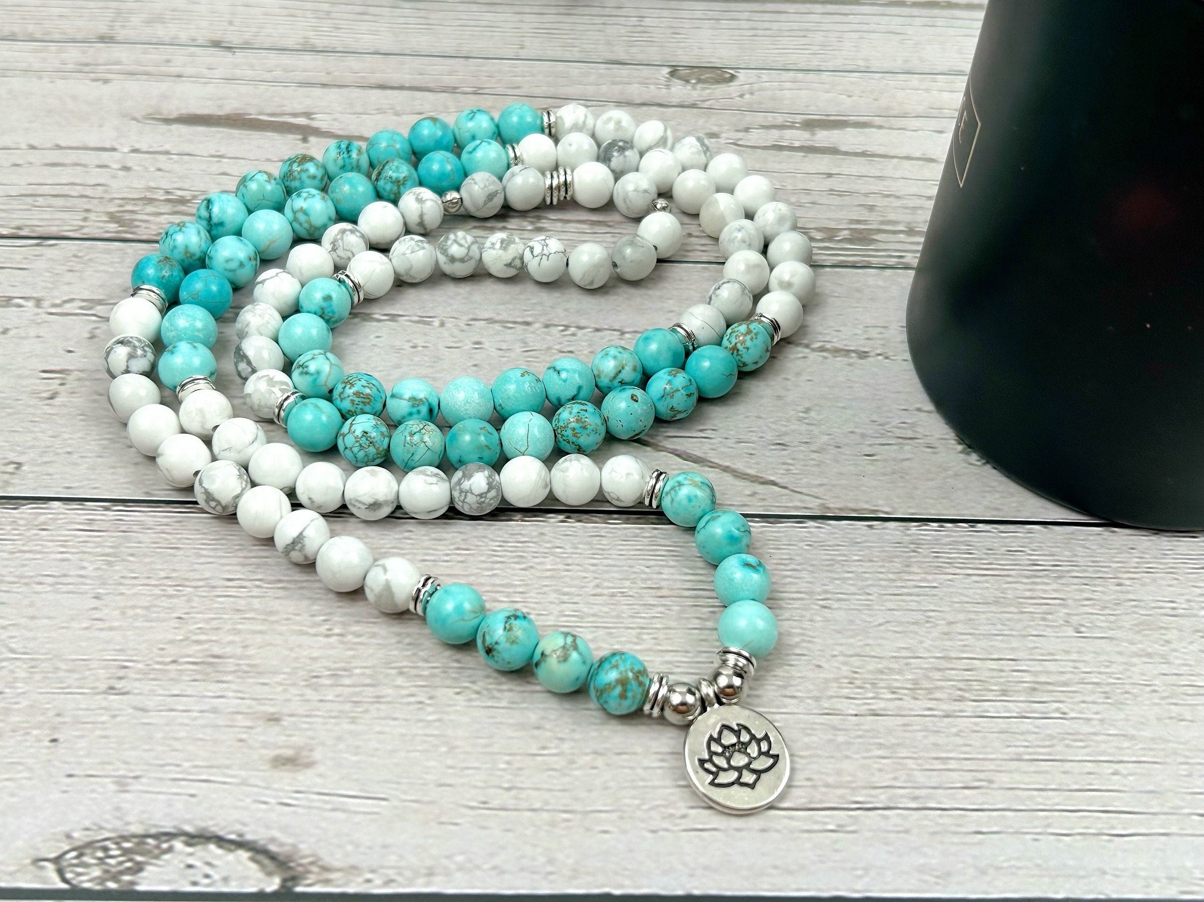 108 Mala Beads Necklace, Howlite Necklace, Prayer Beads Necklace, 108 Mala Beads Bracelet, Turquoise , Meditation Necklace, Handmade Jewelry