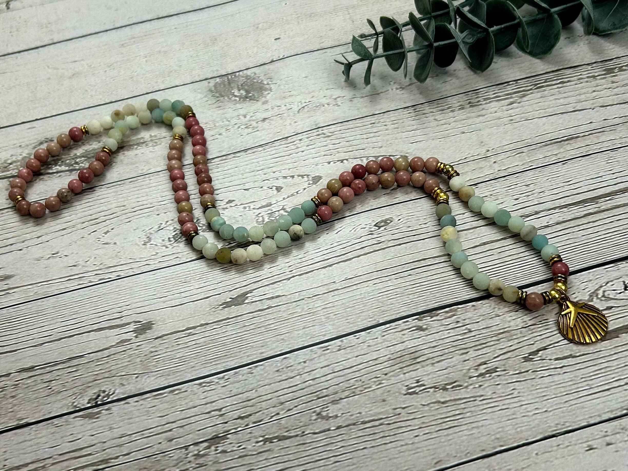 108 Mala Beads Necklace, Amazonite Necklace, Prayer Beads, 108 Mala Beads Bracelet, Meditation Necklace, Rhodochrosite Mala,Handmade Jewelry