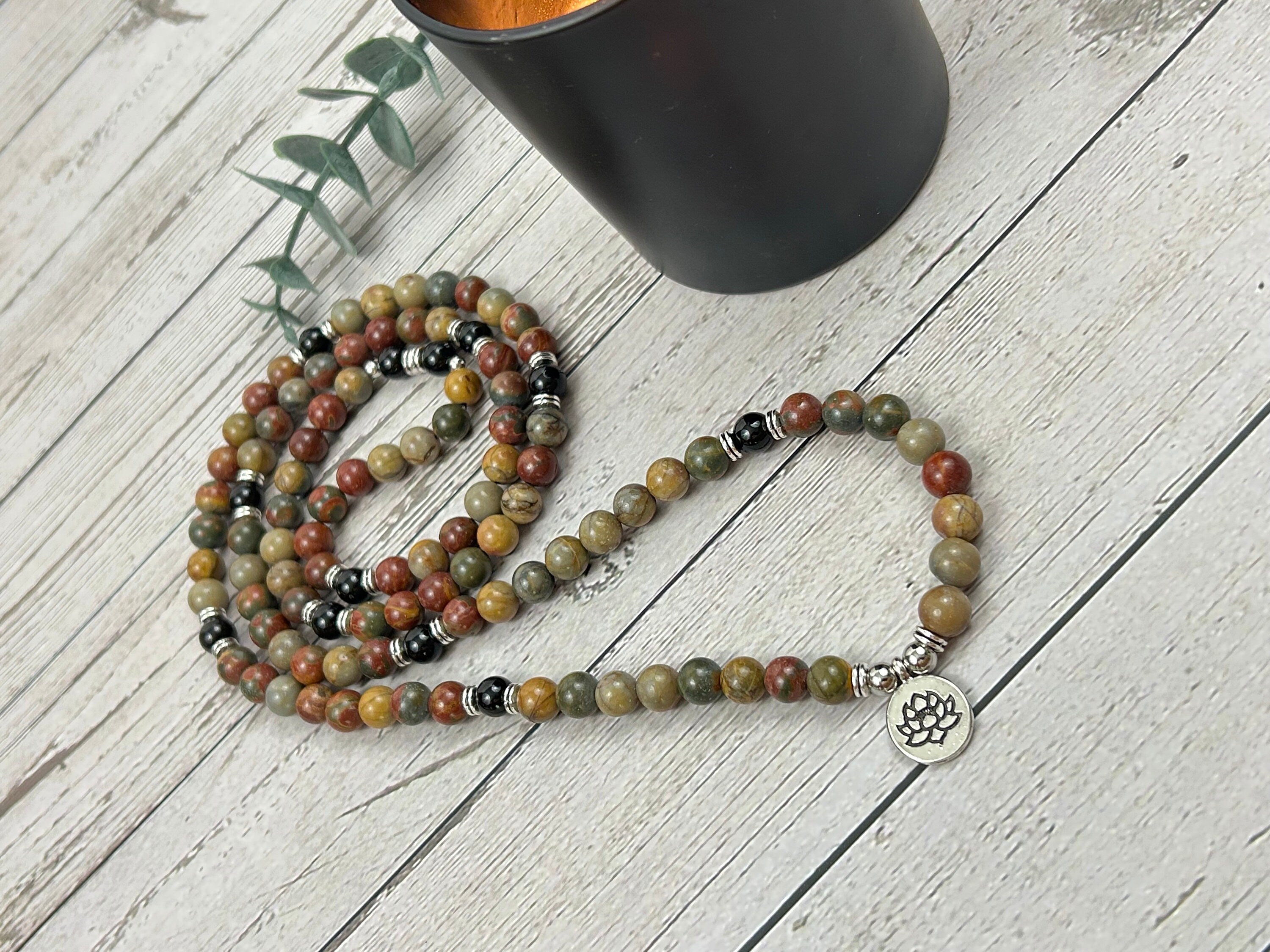 108 Mala Beads Necklace, Picasso Jasper Necklace, Prayer Beads Necklace, 108 Mala Beads Bracelet, Onyx Meditation Necklace, Handmade Jewelry