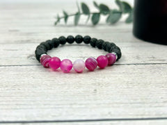 Diffuser Bracelet, Essential Oil Bracelet, Aromatherapy Bracelet, Pink Agate Bracelet, Handmade Jewelry, Black Lava Rock, Gift For Her