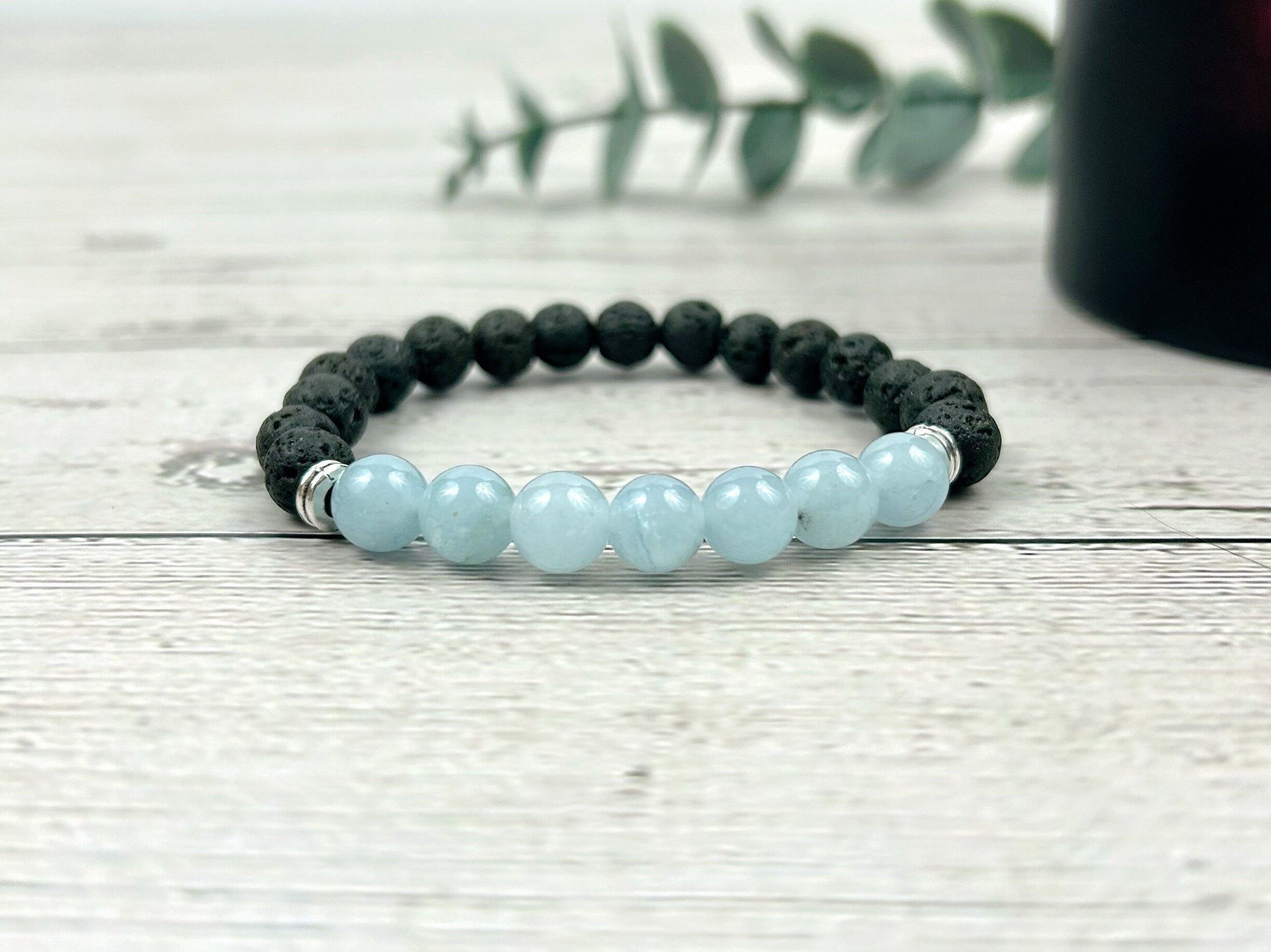 Diffuser Bracelet, Essential Oil Bracelet, Aromatherapy Bracelet, Aquamarine Bracelet, Handmade Jewelry, Black Lava Rock, Classic Necklace