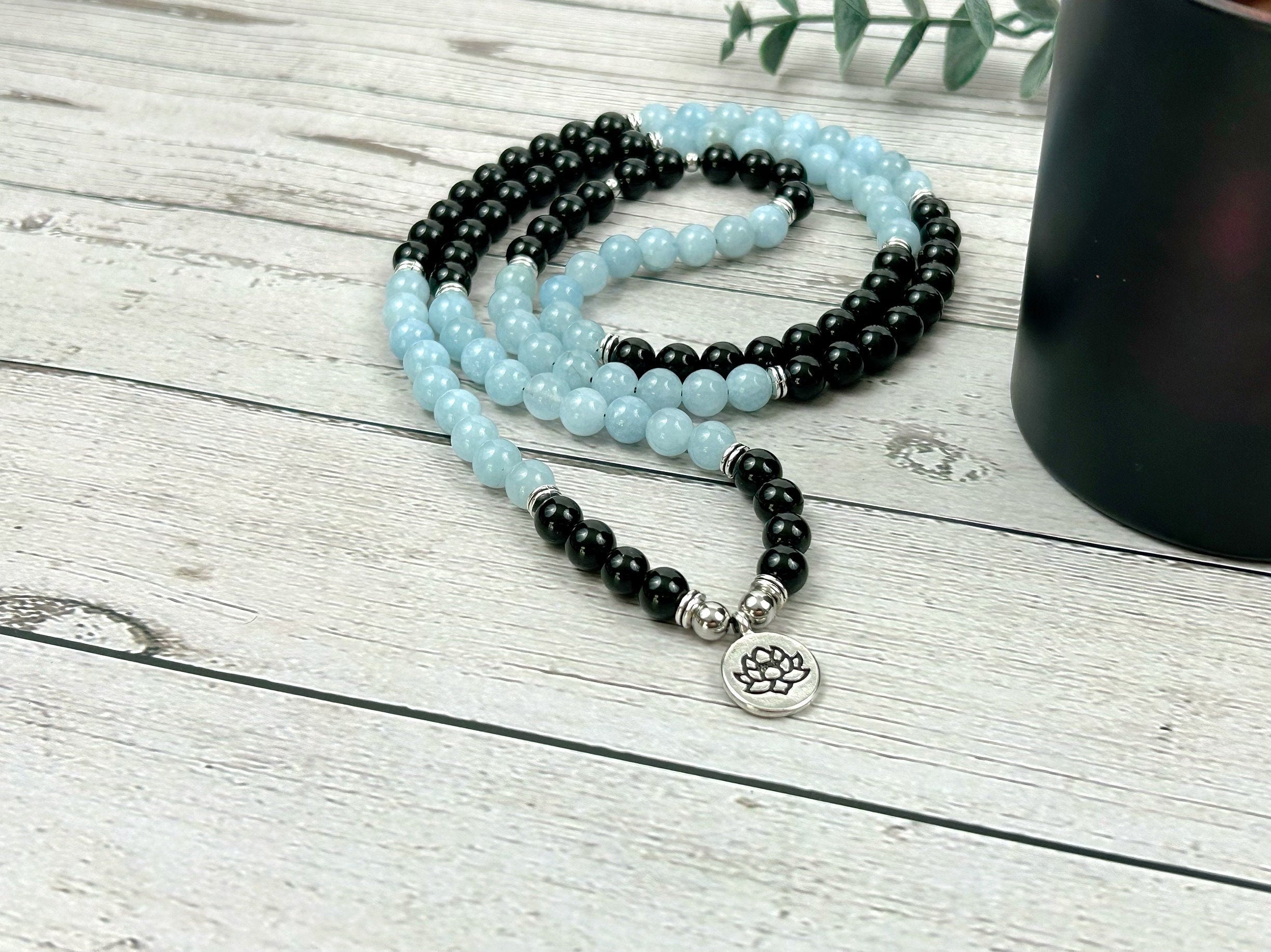 108 Mala Beads Necklace, Aquamarine Necklace, Onyx Prayer Beads Necklace, 108 Mala Beads Bracelet, Meditation Necklace, Handmade Jewelry