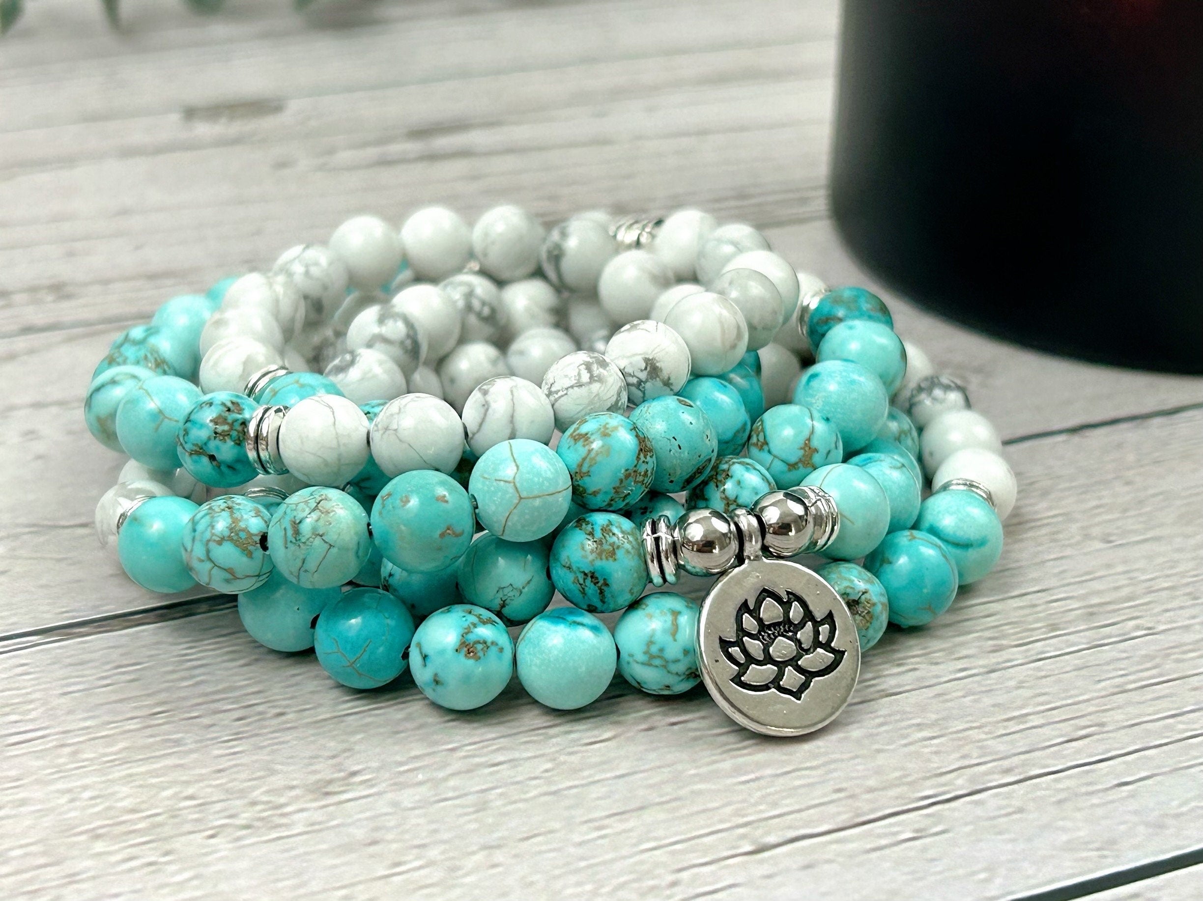 108 Mala Beads Necklace, Howlite Necklace, Prayer Beads Necklace, 108 Mala Beads Bracelet, Turquoise , Meditation Necklace, Handmade Jewelry