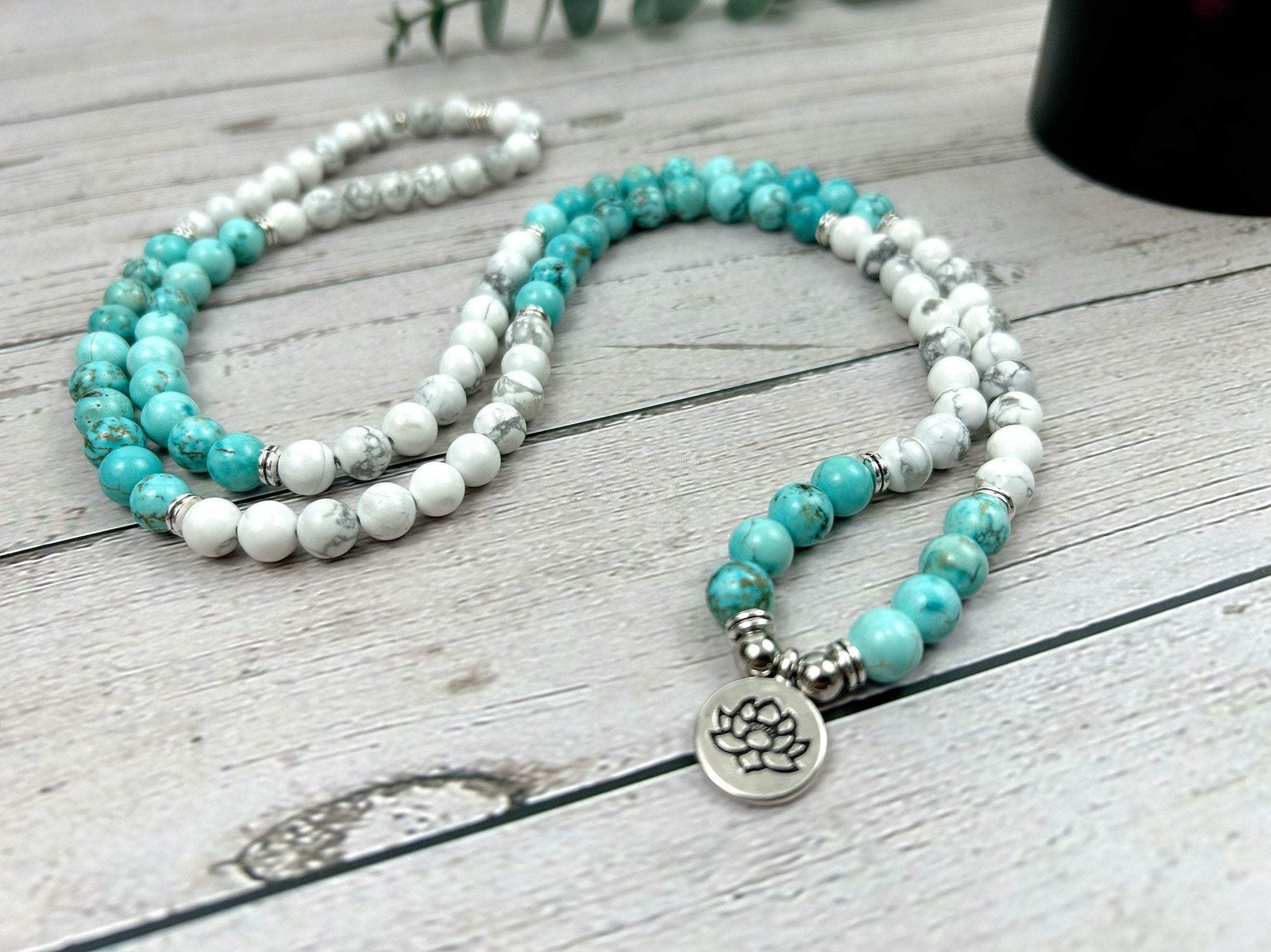 108 Mala Beads Necklace, Howlite Necklace, Prayer Beads Necklace, 108 Mala Beads Bracelet, Turquoise , Meditation Necklace, Handmade Jewelry