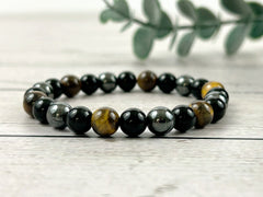 Triple Protection Bracelet, Tiger Eye Bracelet, Black Obsidian, Gemstone Bracelet, Hematite Bracelet, Birthday Gift for Her, Gift for Him