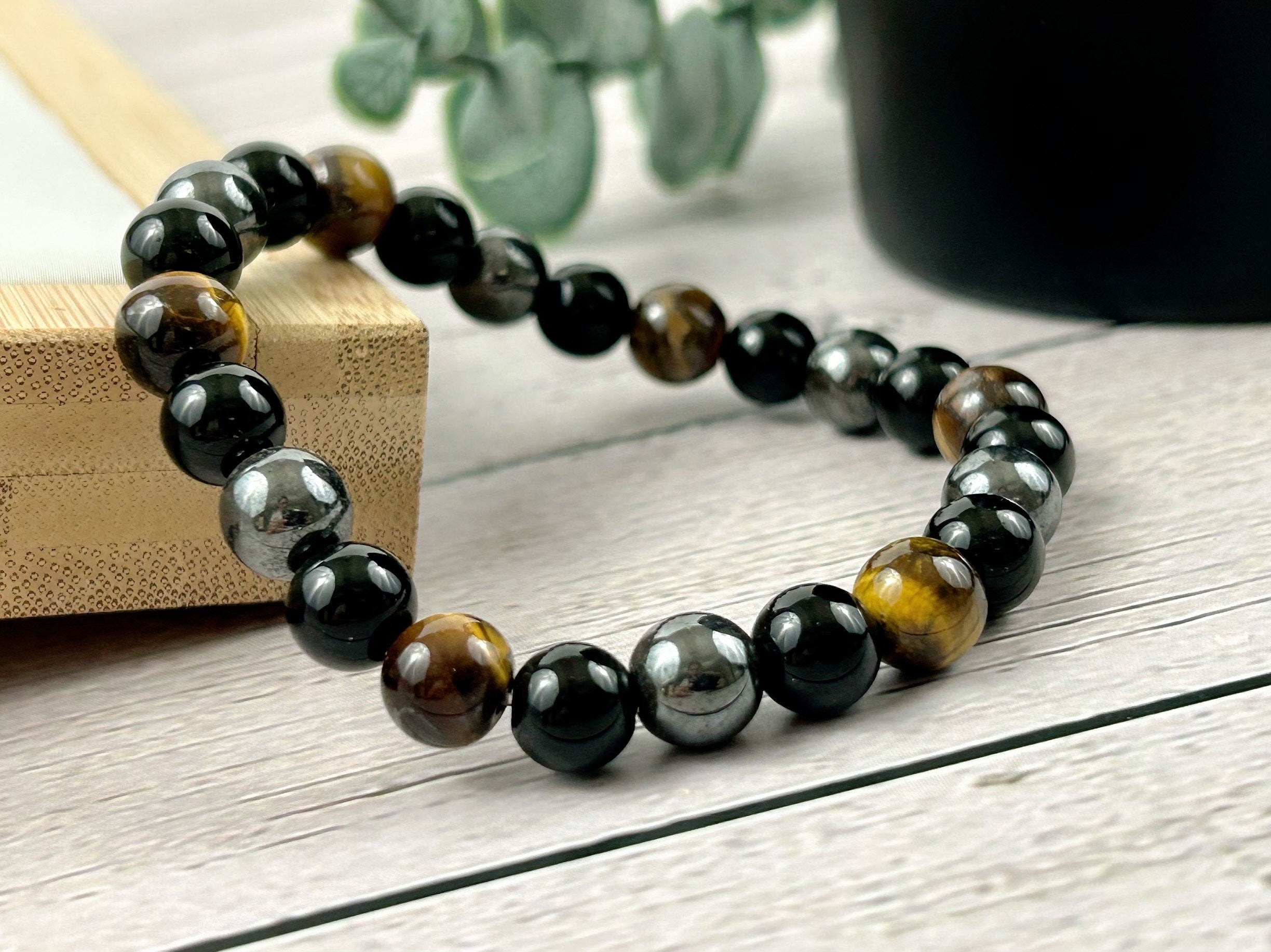 Set of 3 Triple Protection Bracelet, Tiger Eye, Black Obsidian, Gemstone Bracelet, Hematite Bracelet, Birthday Gift for Her, Gift for Him