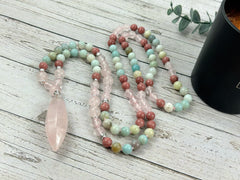 108 Mala Beads Necklace, Rose Quartz Mala, Amazonite Necklace, Prayer Beads, 108 Mala Beads Bracelet, Hand Knotted Mala, Meditation Necklace