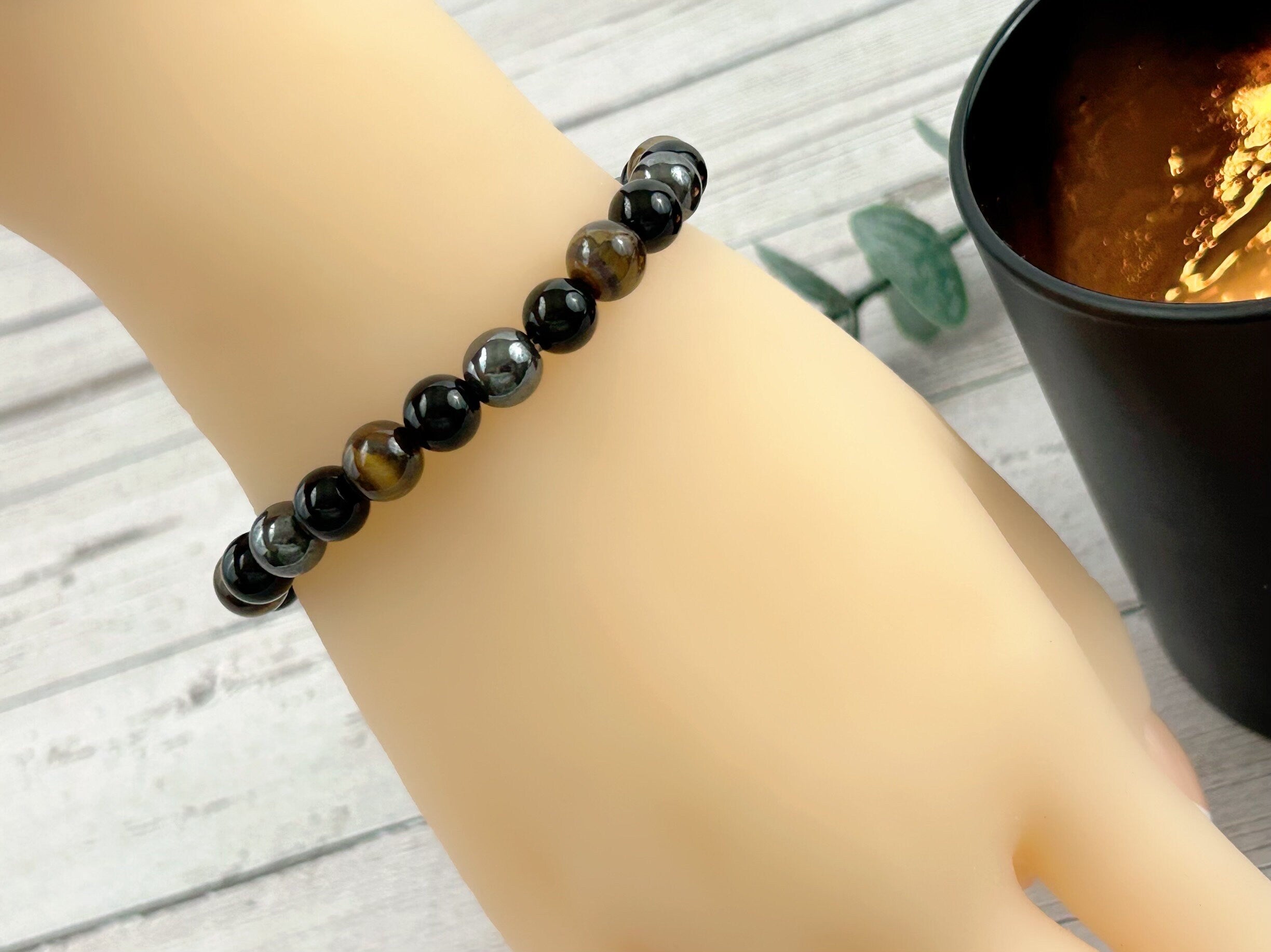 Triple Protection Bracelet, Tiger Eye Bracelet, Black Obsidian, Gemstone Bracelet, Hematite Bracelet, Birthday Gift for Her, Gift for Him