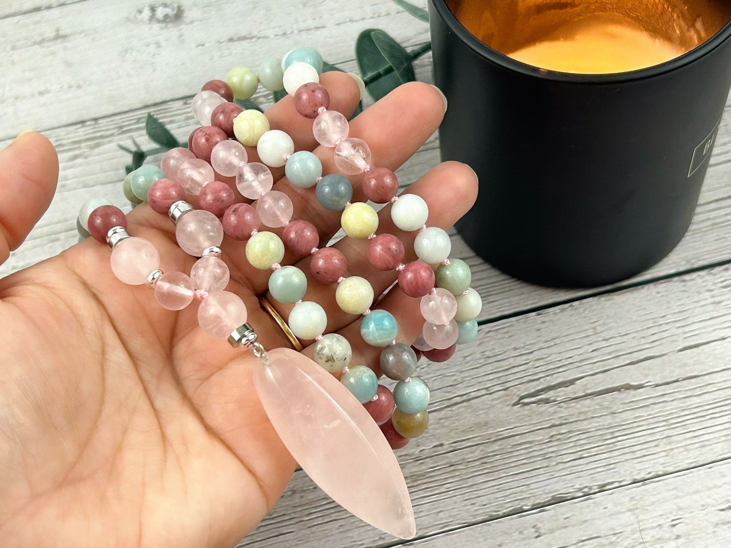 108 Mala Beads Necklace, Rose Quartz Mala, Amazonite Necklace, Prayer Beads, 108 Mala Beads Bracelet, Hand Knotted Mala, Meditation Necklace