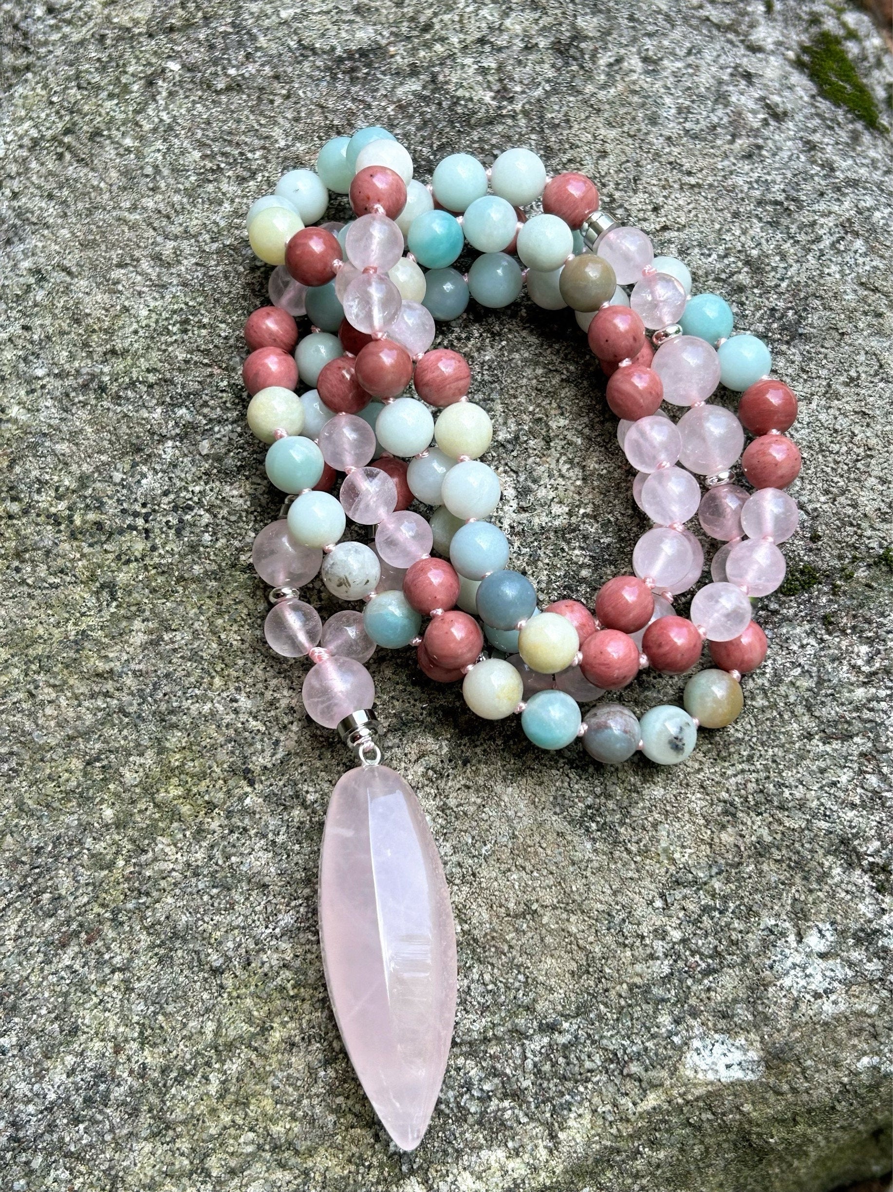 108 Mala Beads Necklace, Rose Quartz Mala, Amazonite Necklace, Prayer Beads, 108 Mala Beads Bracelet, Hand Knotted Mala, Meditation Necklace