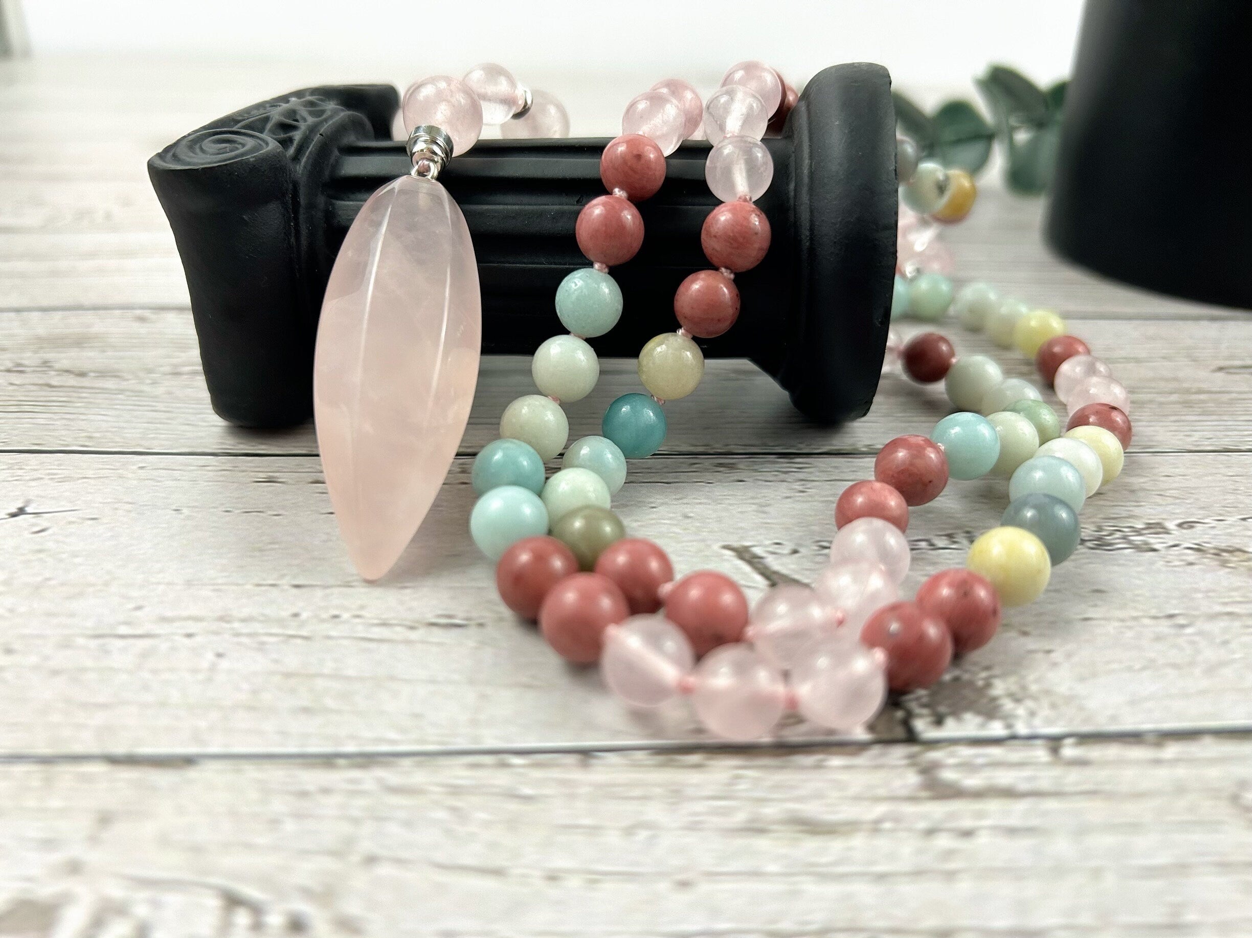 108 Mala Beads Necklace, Rose Quartz Mala, Amazonite Necklace, Prayer Beads, 108 Mala Beads Bracelet, Hand Knotted Mala, Meditation Necklace