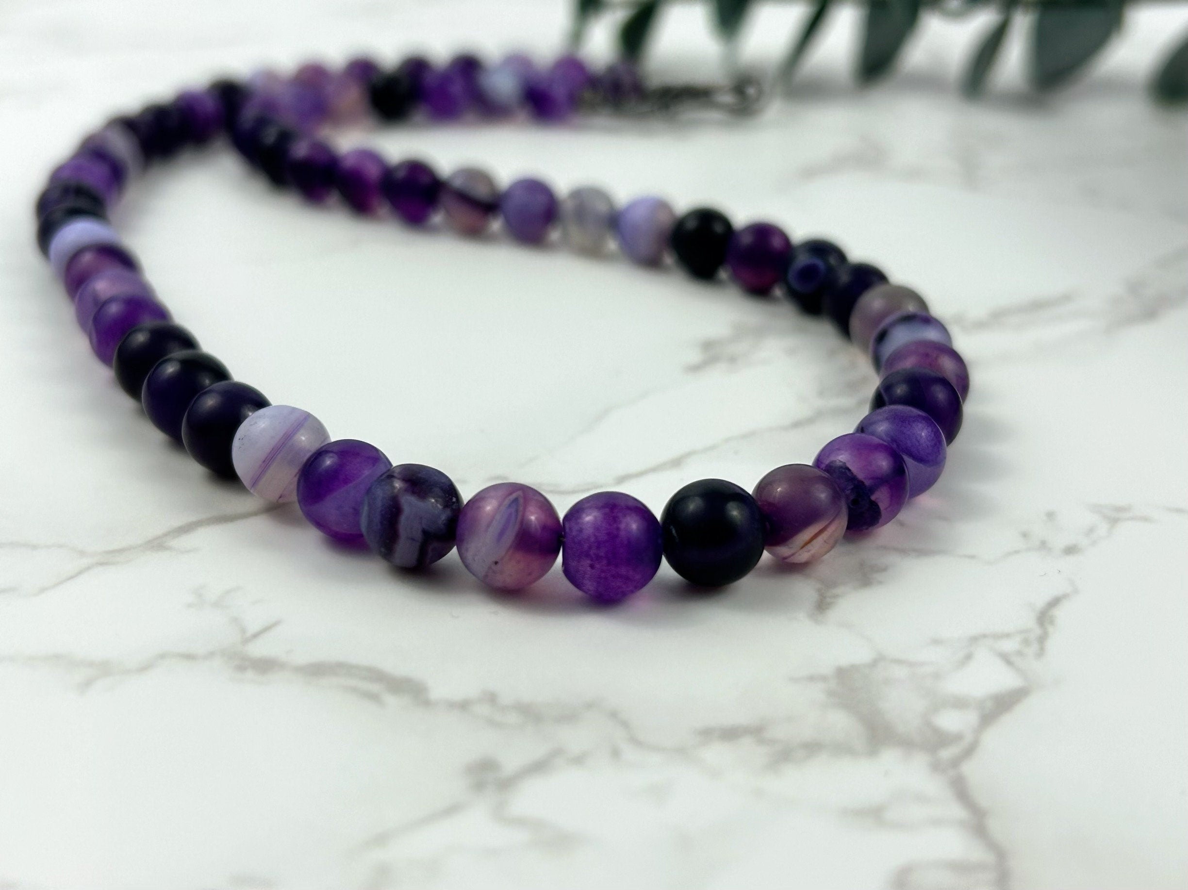 Purple Agate Necklace, Beaded Necklace, Natural Stone Necklace, Gemstones Necklace, Protection Necklace, Gift for Her, Handmade Jewelry