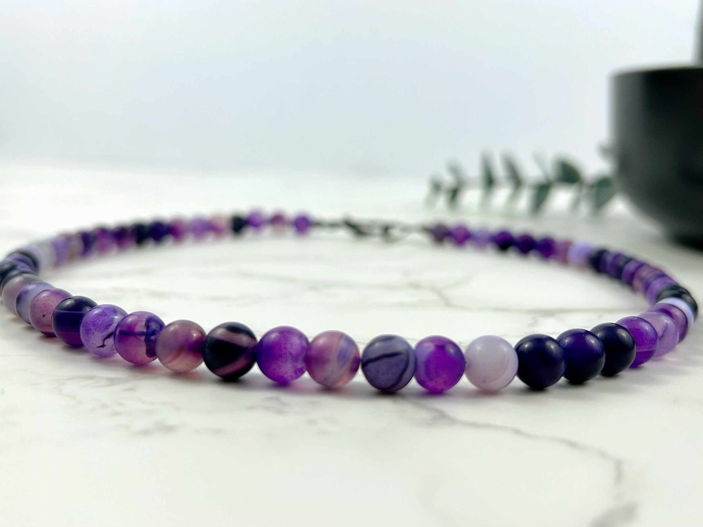 Purple Agate Necklace, Beaded Necklace, Natural Stone Necklace, Gemstones Necklace, Protection Necklace, Gift for Her, Handmade Jewelry
