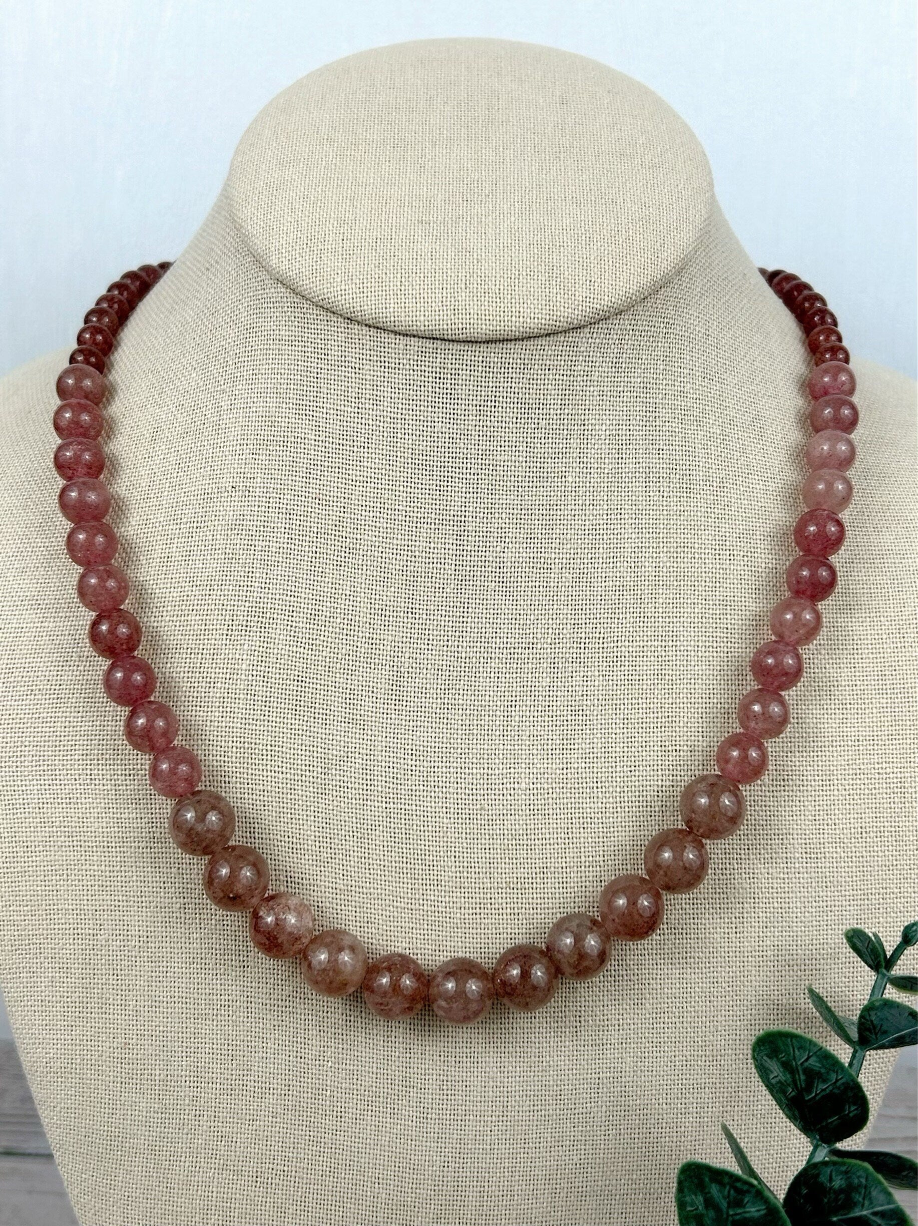 Strawberry Quartz Necklace, Beaded Necklace, Natural Stone Jewelry, Gift for Her, Gemstone Necklace, Personalized Necklace, Healing Stones