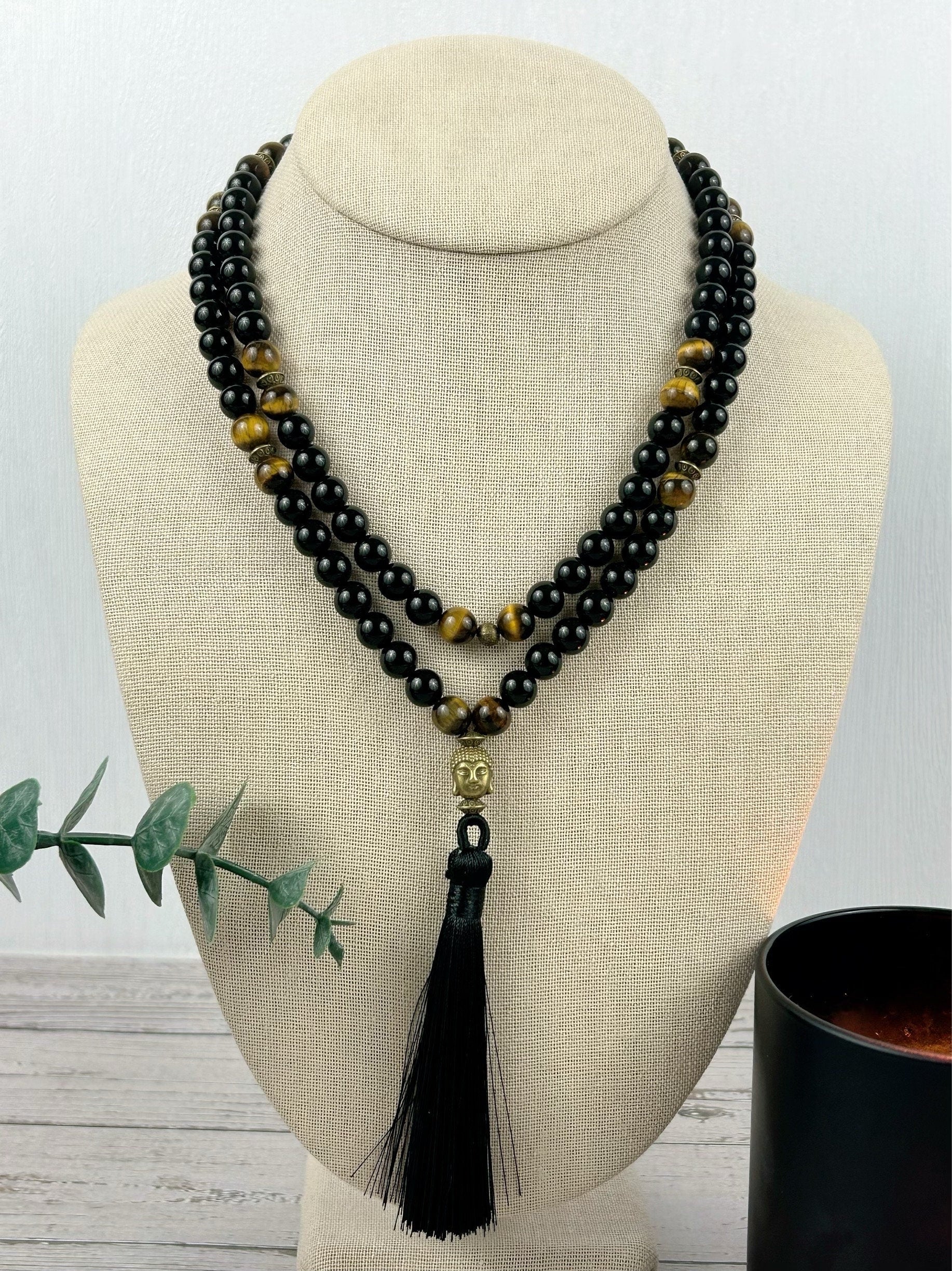 108 Mala Necklace, Black Onyx, Tigers Eye, Prayer Beads Necklace, Mala Beads Bracelet, Onyx Meditation Necklace, Handmade Jewelry