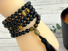 108 Mala Necklace, Black Onyx, Tigers Eye, Prayer Beads Necklace, Mala Beads Bracelet, Onyx Meditation Necklace, Handmade Jewelry