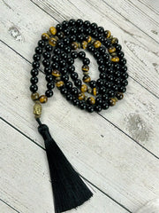 108 Mala Necklace, Black Onyx, Tigers Eye, Prayer Beads Necklace, Mala Beads Bracelet, Onyx Meditation Necklace, Handmade Jewelry