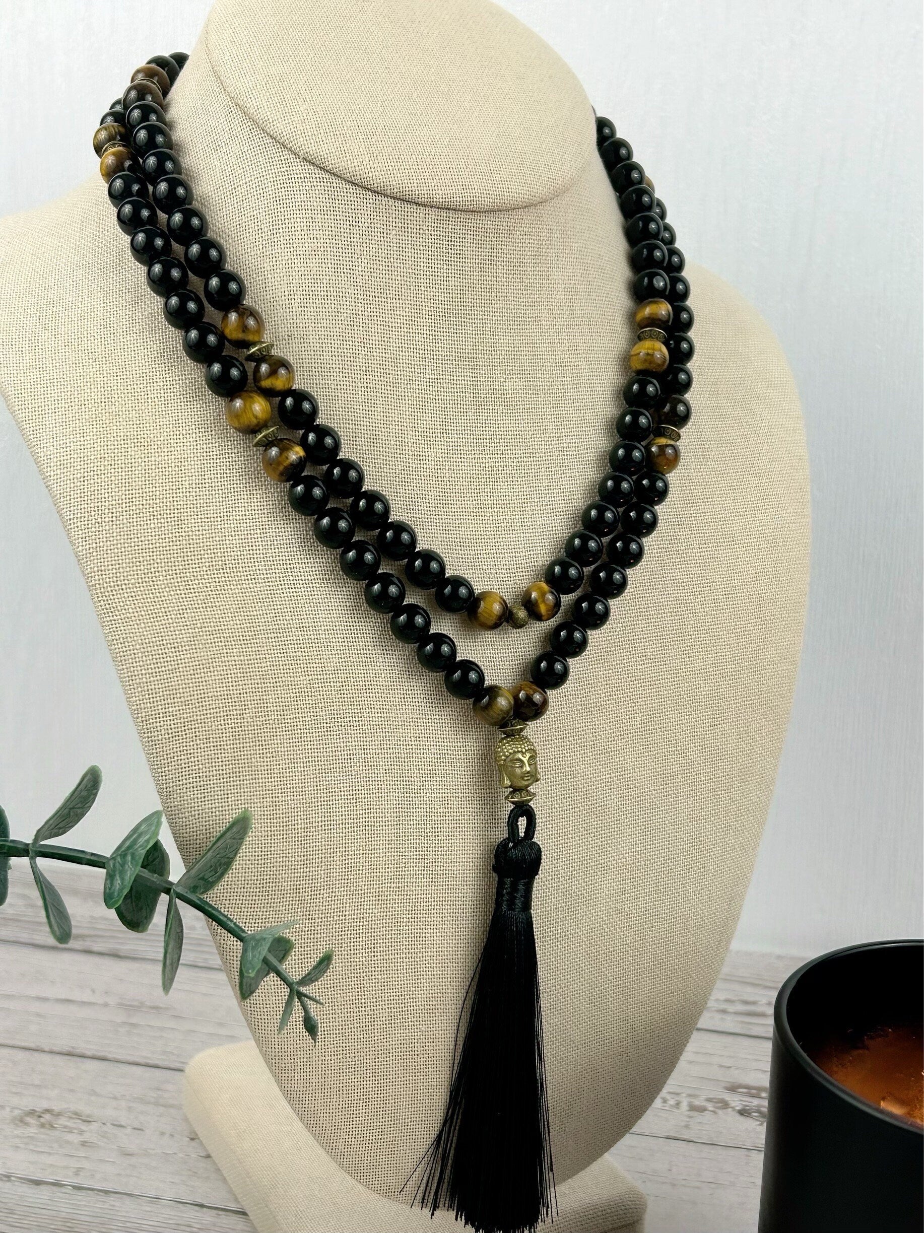108 Mala Necklace, Black Onyx, Tigers Eye, Prayer Beads Necklace, Mala Beads Bracelet, Onyx Meditation Necklace, Handmade Jewelry