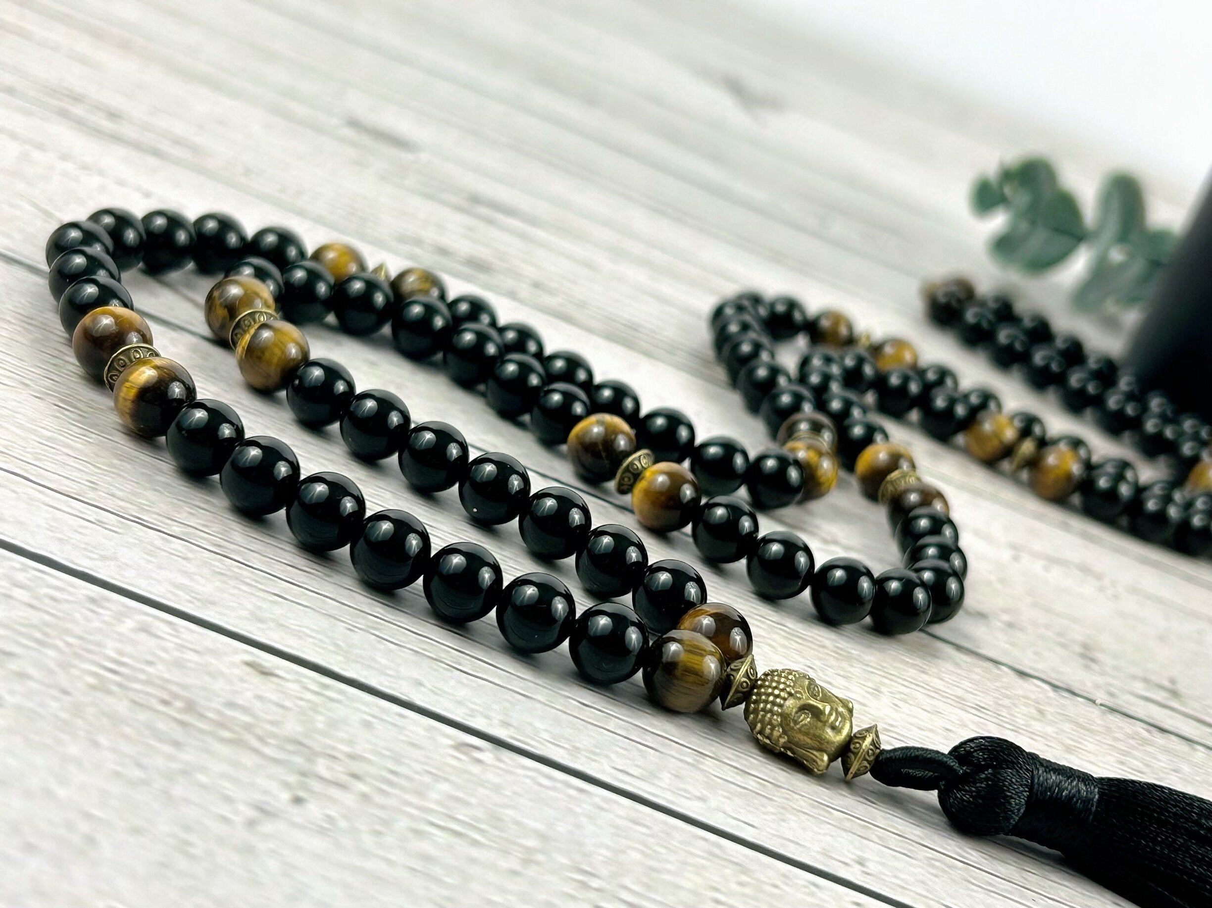 108 Mala Necklace, Black Onyx, Tigers Eye, Prayer Beads Necklace, Mala Beads Bracelet, Onyx Meditation Necklace, Handmade Jewelry