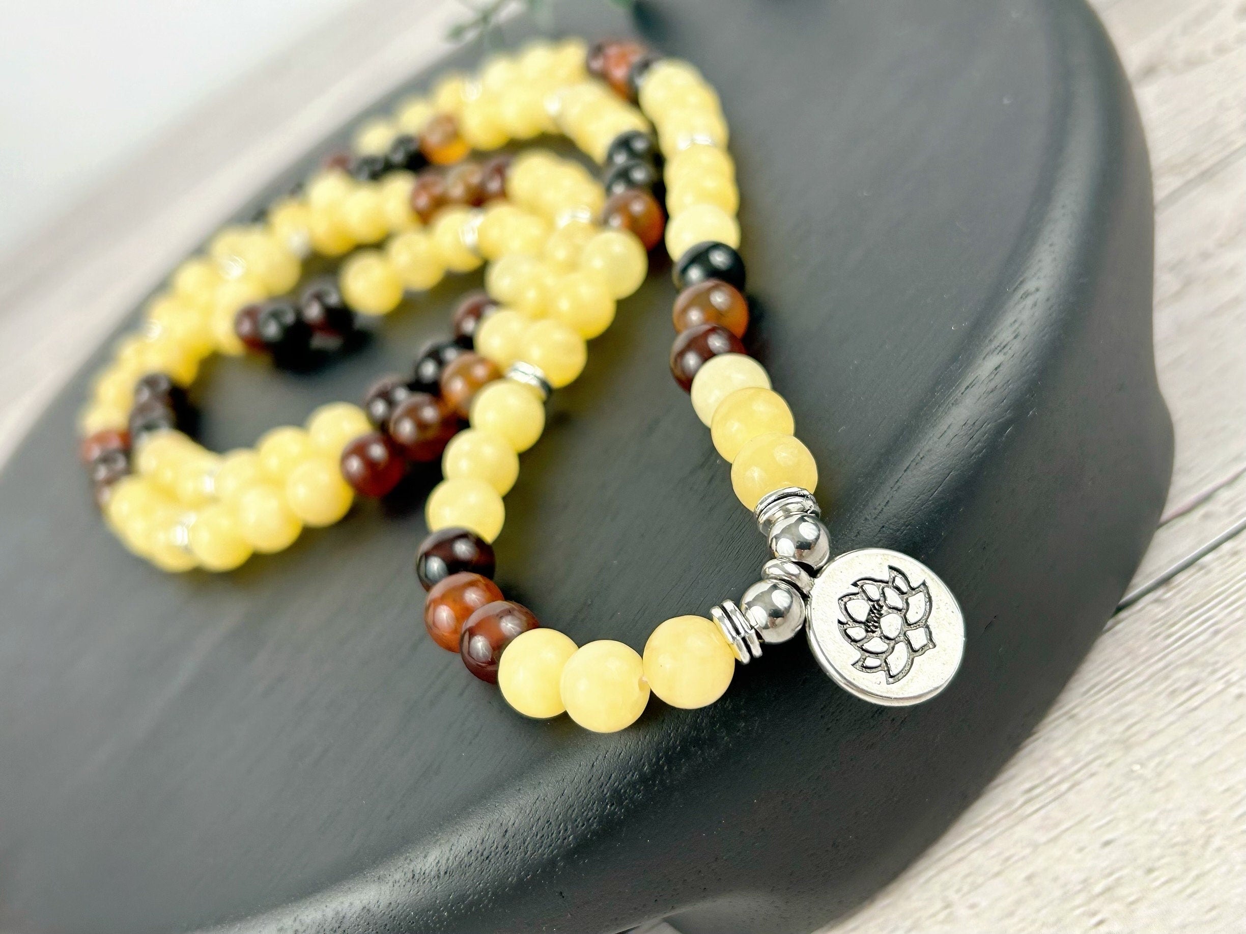 108 Mala Beads Necklace, Yellow Calcite Necklace, Dream Agate Necklace, Prayer Beads Necklace, 108 Mala Beads Bracelet, Meditation Necklace