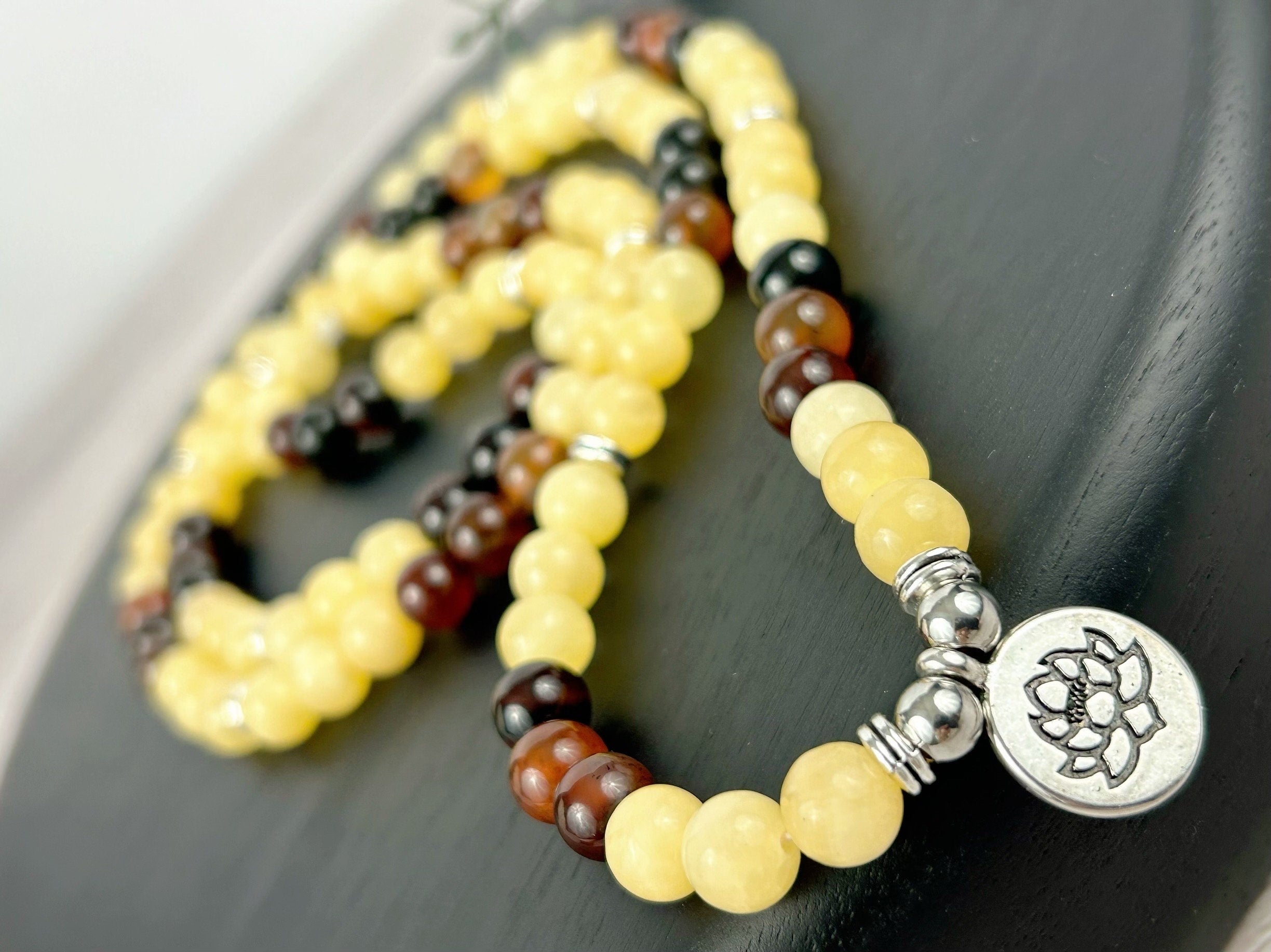108 Mala Beads Necklace, Yellow Calcite Necklace, Dream Agate Necklace, Prayer Beads Necklace, 108 Mala Beads Bracelet, Meditation Necklace