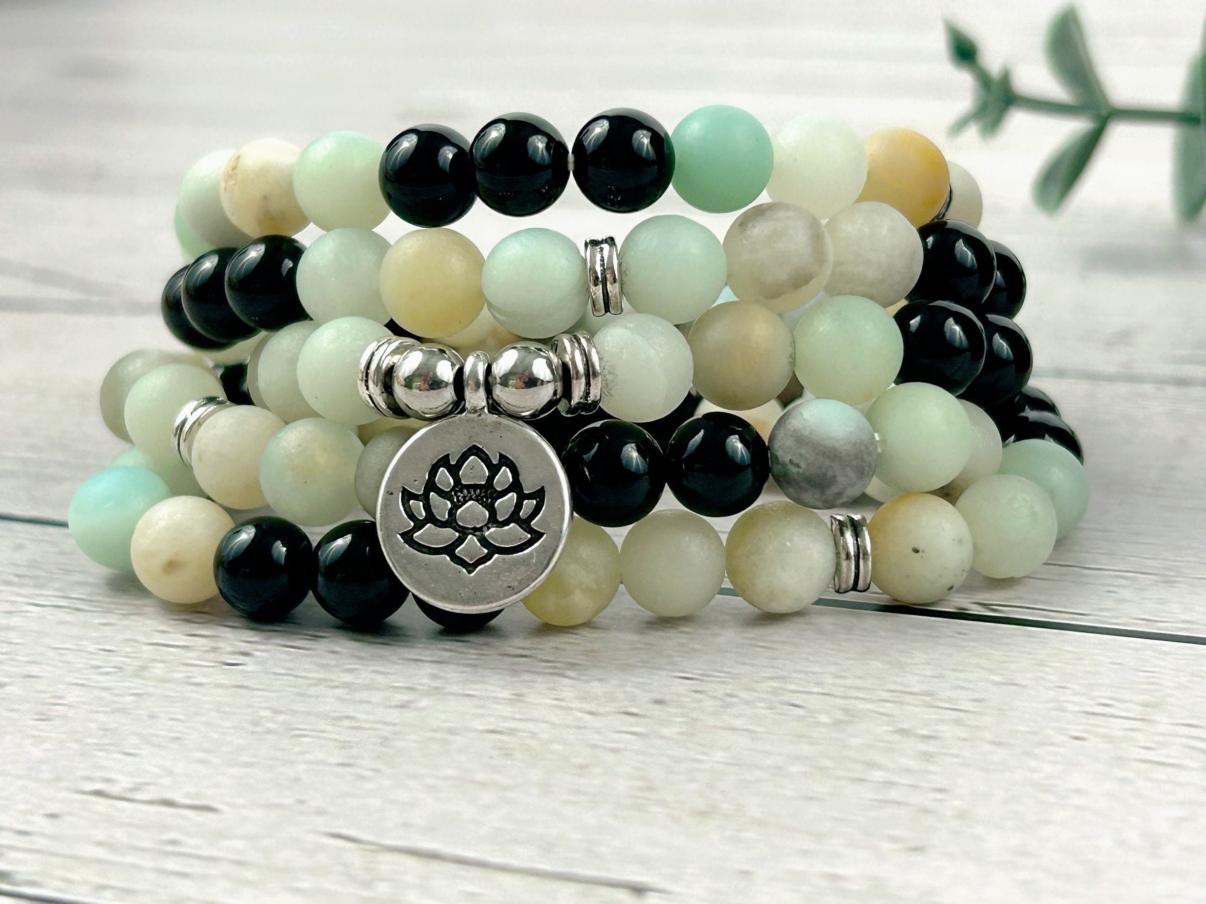 108 Mala Necklace, Amazonite Necklace, Black Onyx Meditation Mala, Prayer Beads Necklace, 108 Mala Beads Bracelet, Handmade Jewelry