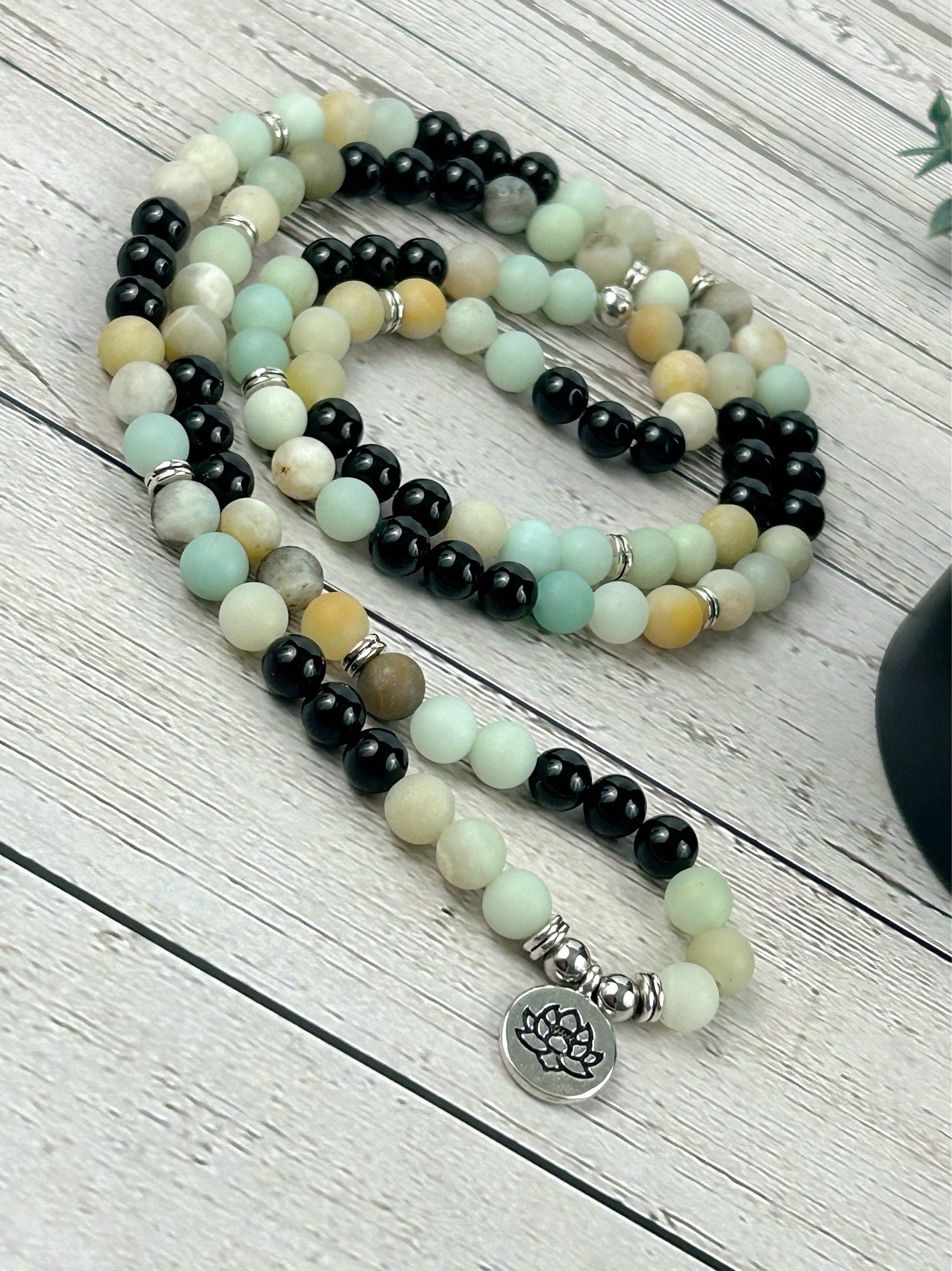 108 Mala Necklace, Amazonite Necklace, Black Onyx Meditation Mala, Prayer Beads Necklace, 108 Mala Beads Bracelet, Handmade Jewelry