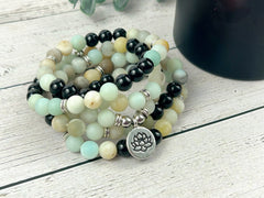 108 Mala Necklace, Amazonite Necklace, Black Onyx Meditation Mala, Prayer Beads Necklace, 108 Mala Beads Bracelet, Handmade Jewelry