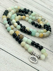 108 Mala Necklace, Amazonite Necklace, Black Onyx Meditation Mala, Prayer Beads Necklace, 108 Mala Beads Bracelet, Handmade Jewelry