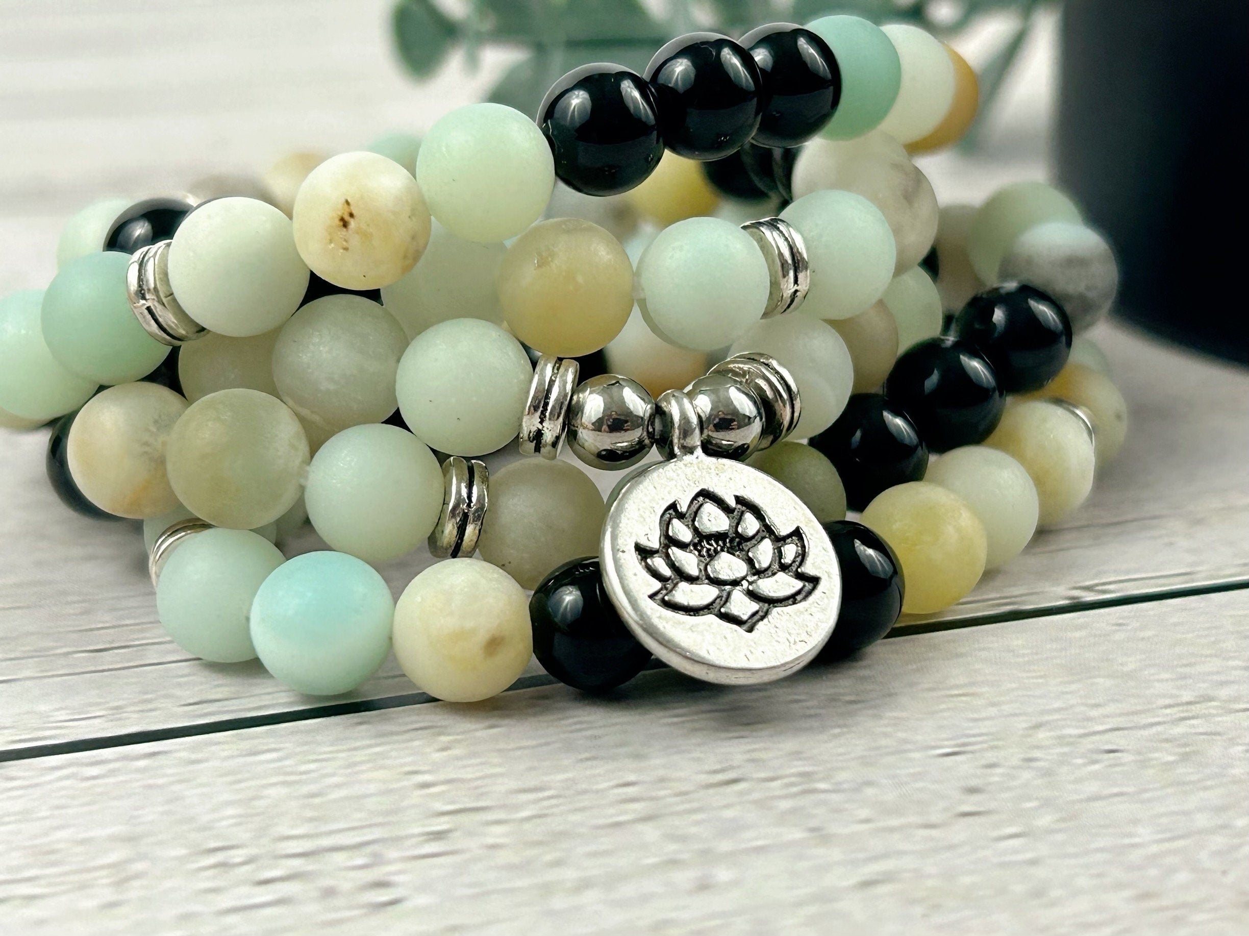 108 Mala Necklace, Amazonite Necklace, Black Onyx Meditation Mala, Prayer Beads Necklace, 108 Mala Beads Bracelet, Handmade Jewelry