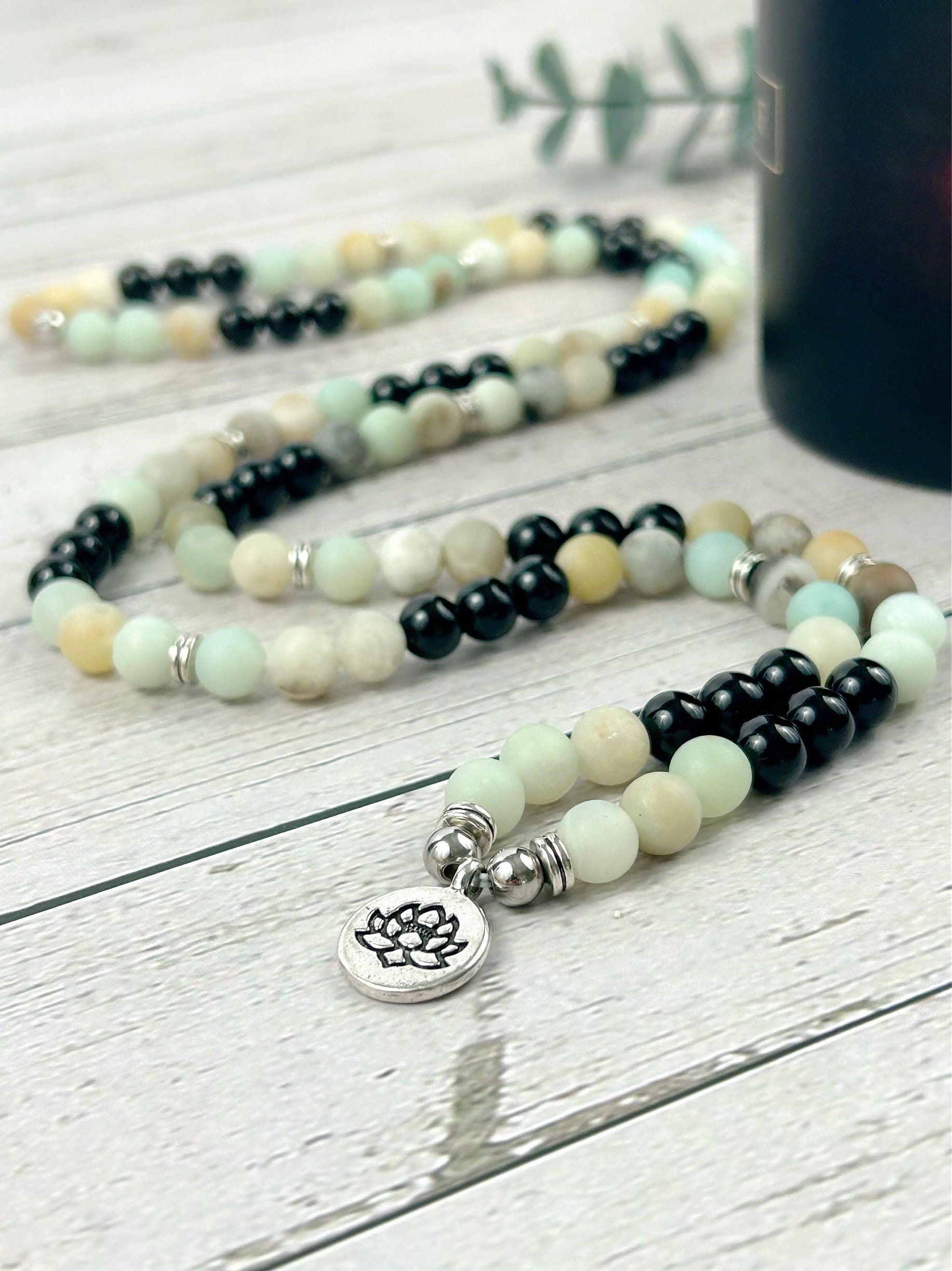 108 Mala Necklace, Amazonite Necklace, Black Onyx Meditation Mala, Prayer Beads Necklace, 108 Mala Beads Bracelet, Handmade Jewelry