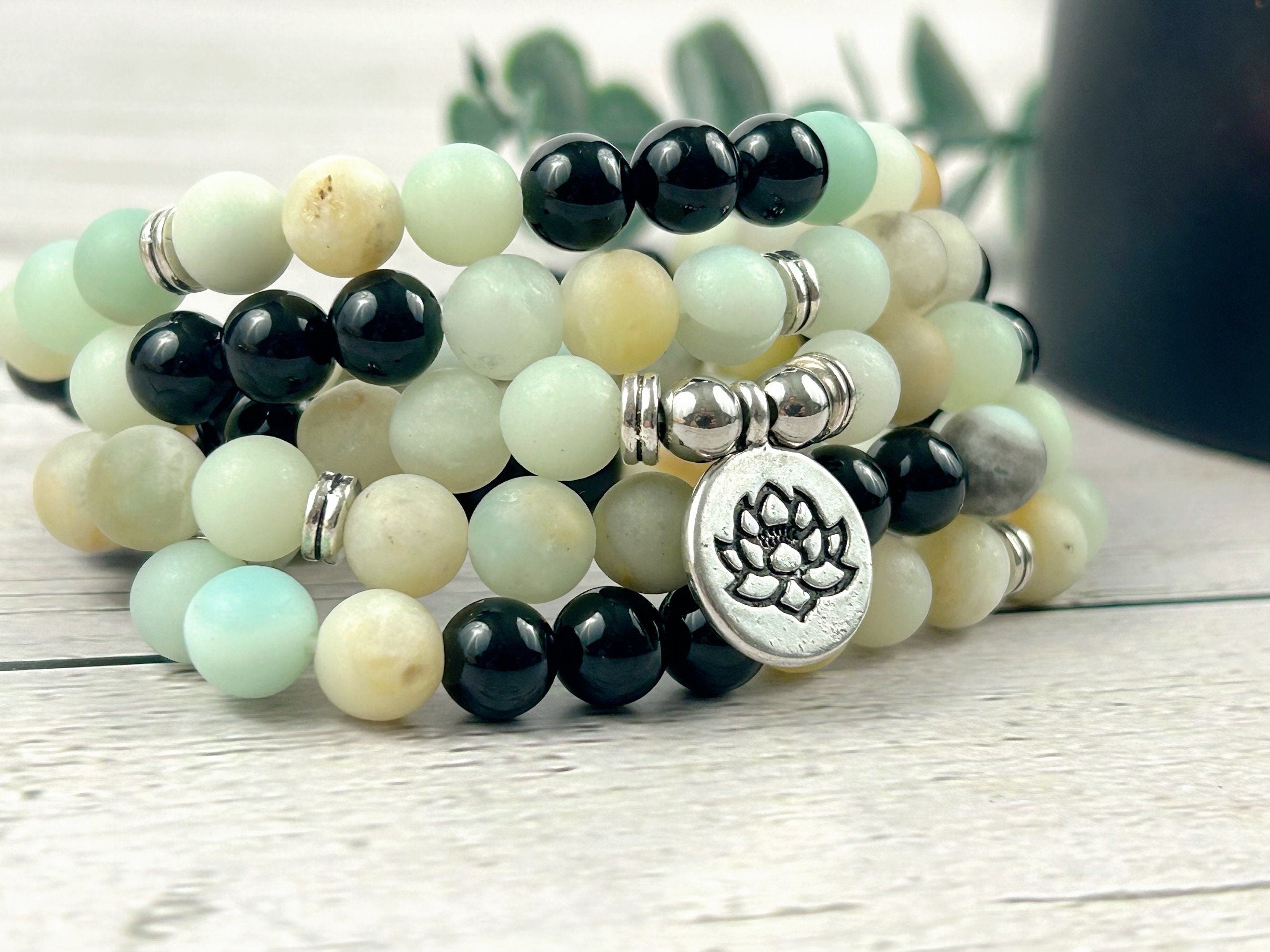 108 Mala Necklace, Amazonite Necklace, Black Onyx Meditation Mala, Prayer Beads Necklace, 108 Mala Beads Bracelet, Handmade Jewelry