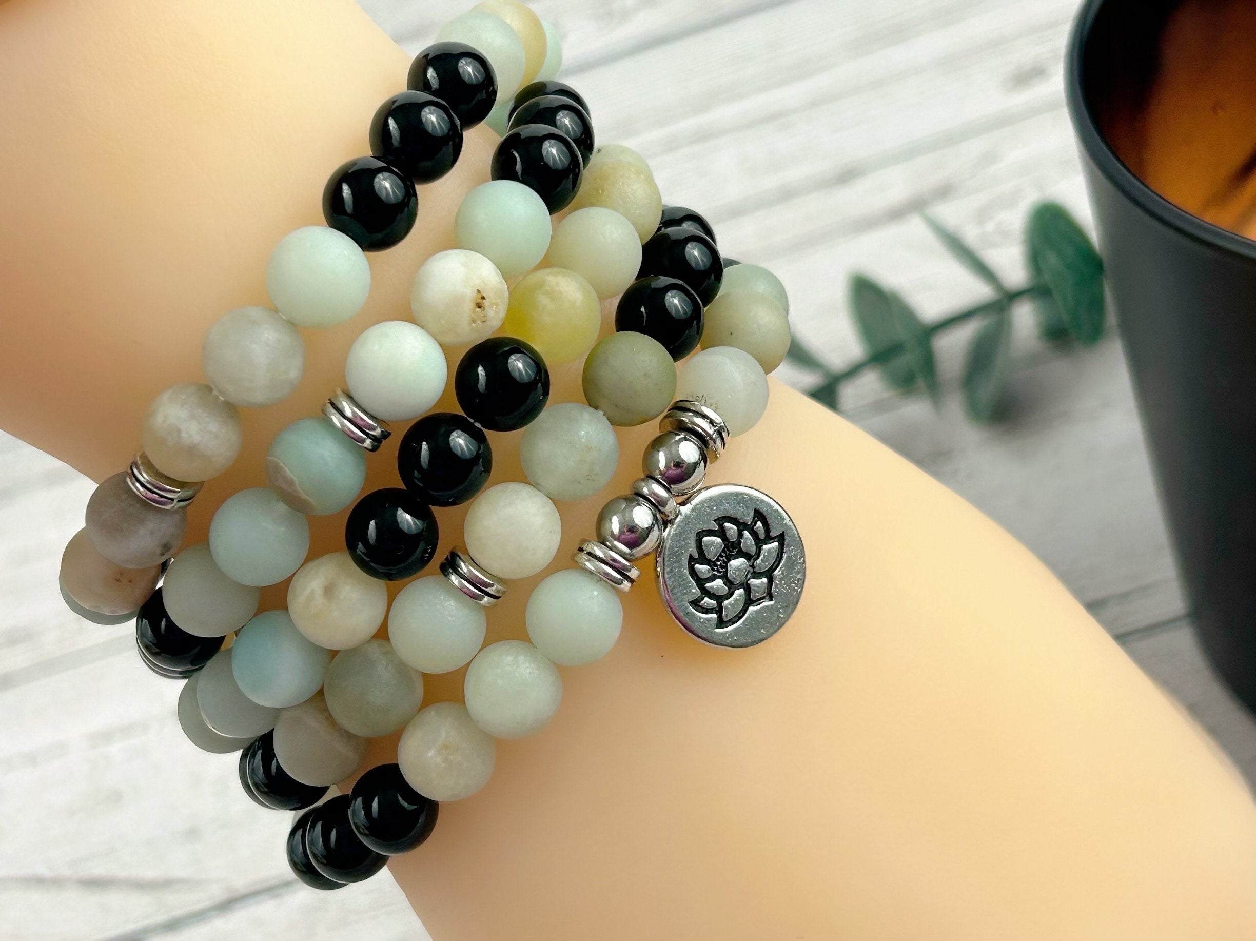 108 Mala Necklace, Amazonite Necklace, Black Onyx Meditation Mala, Prayer Beads Necklace, 108 Mala Beads Bracelet, Handmade Jewelry