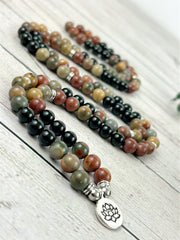 108 Mala Necklace, Picasso Jasper Necklace, Prayer Beads Necklace, 108 Mala Beads Bracelet, Onyx Meditation Necklace, Handmade Jewelry