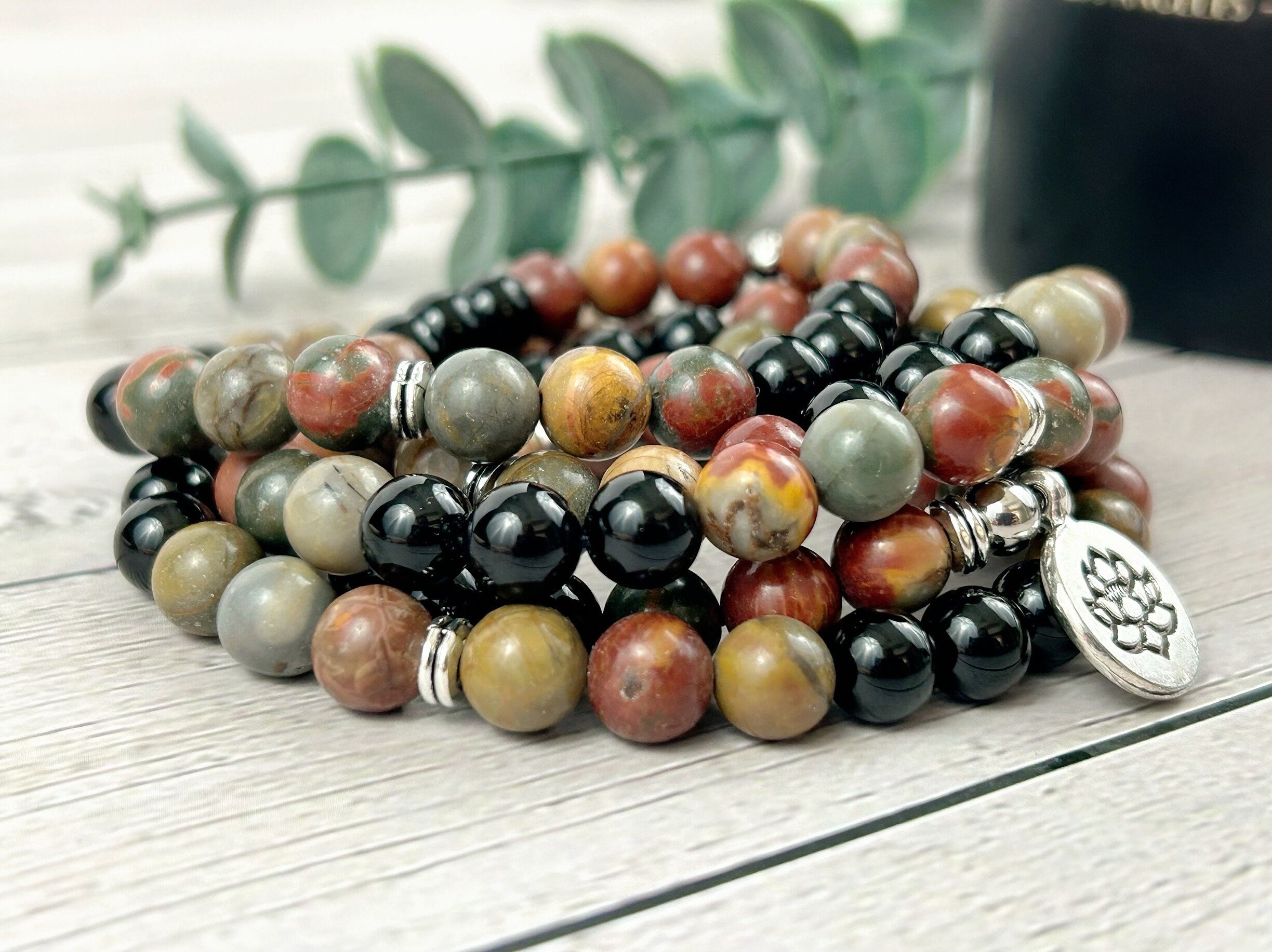 108 Mala Necklace, Picasso Jasper Necklace, Prayer Beads Necklace, 108 Mala Beads Bracelet, Onyx Meditation Necklace, Handmade Jewelry