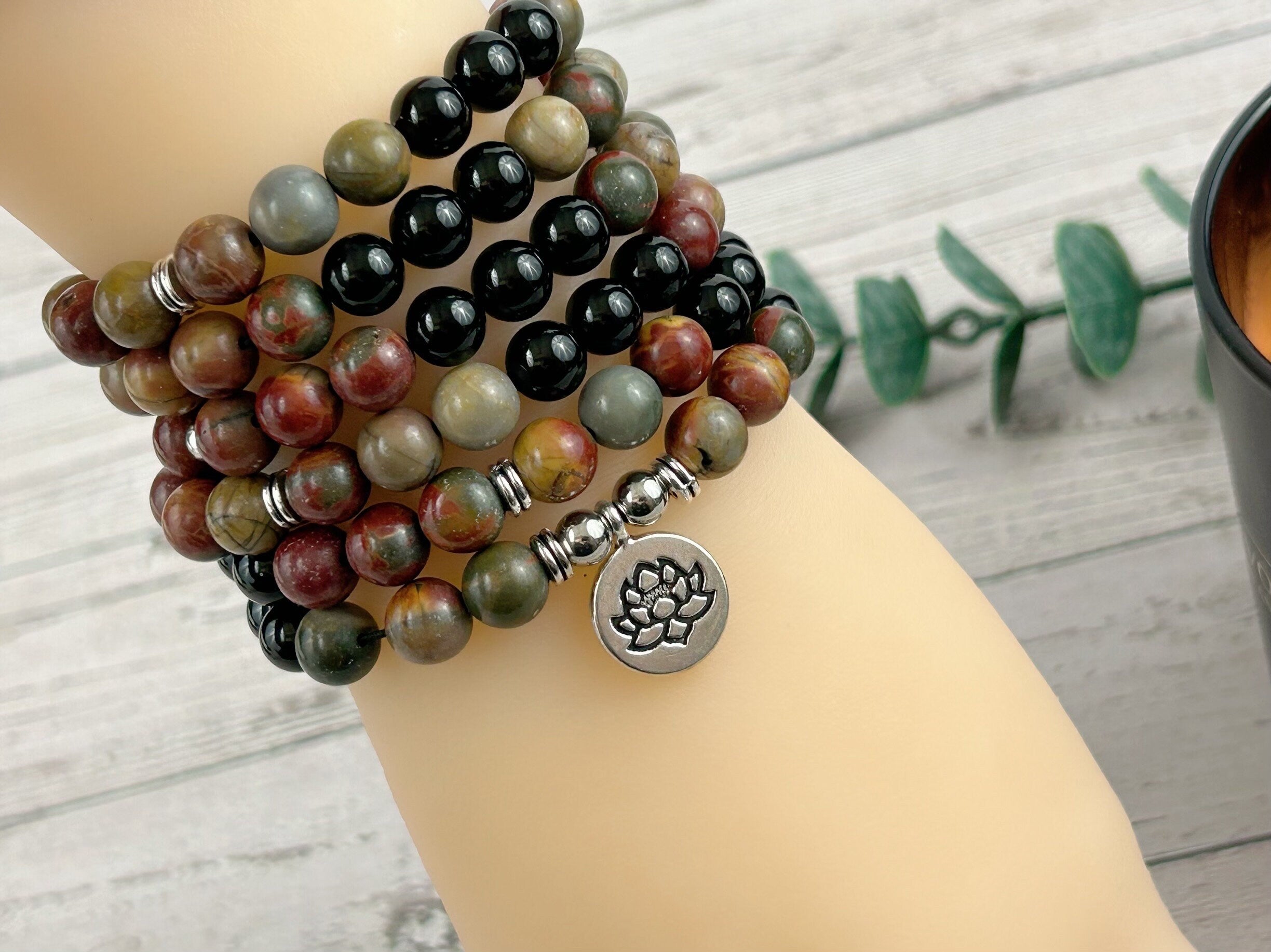 108 Mala Necklace, Picasso Jasper Necklace, Prayer Beads Necklace, 108 Mala Beads Bracelet, Onyx Meditation Necklace, Handmade Jewelry
