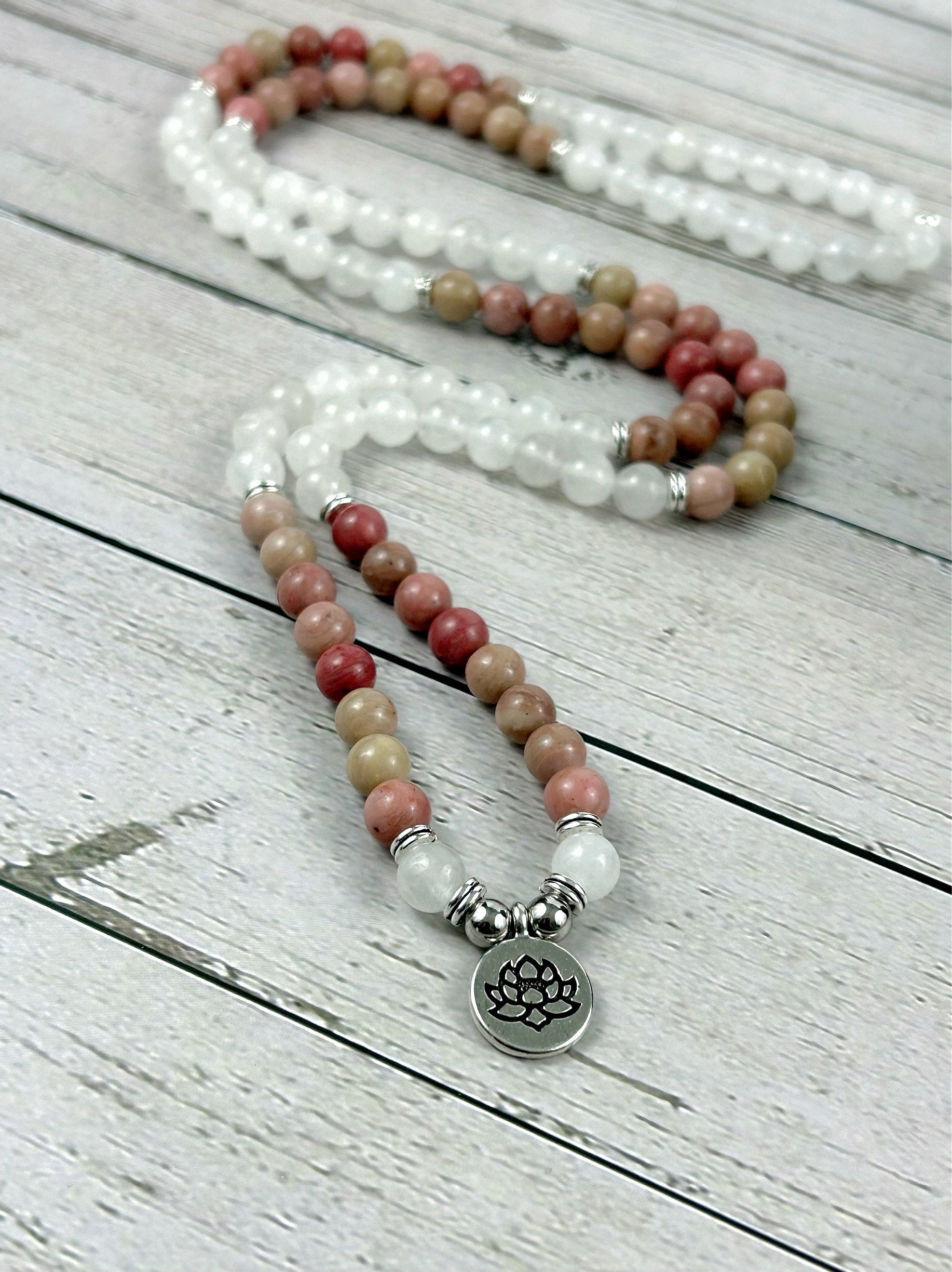 108 Mala Necklace, Moonstone Necklace, Prayer Beads, 108 Mala Beads Bracelet, Meditation Necklace, Rhodochrosite Mala, Handmade Jewelry