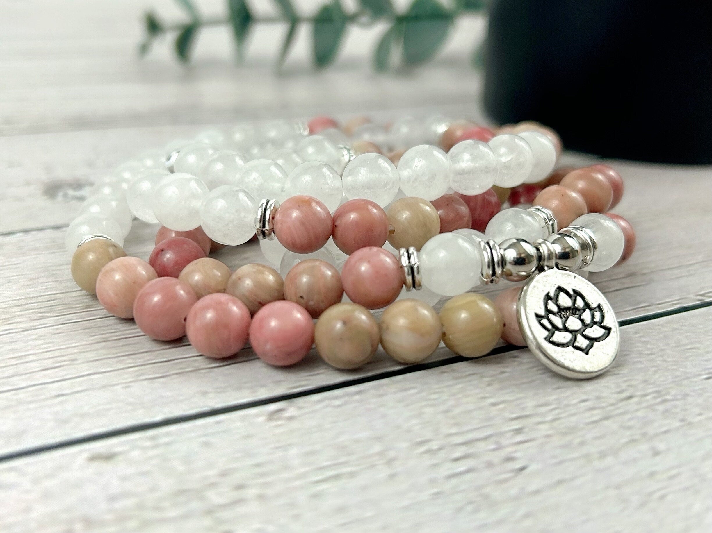 108 Mala Necklace, Moonstone Necklace, Prayer Beads, 108 Mala Beads Bracelet, Meditation Necklace, Rhodochrosite Mala, Handmade Jewelry