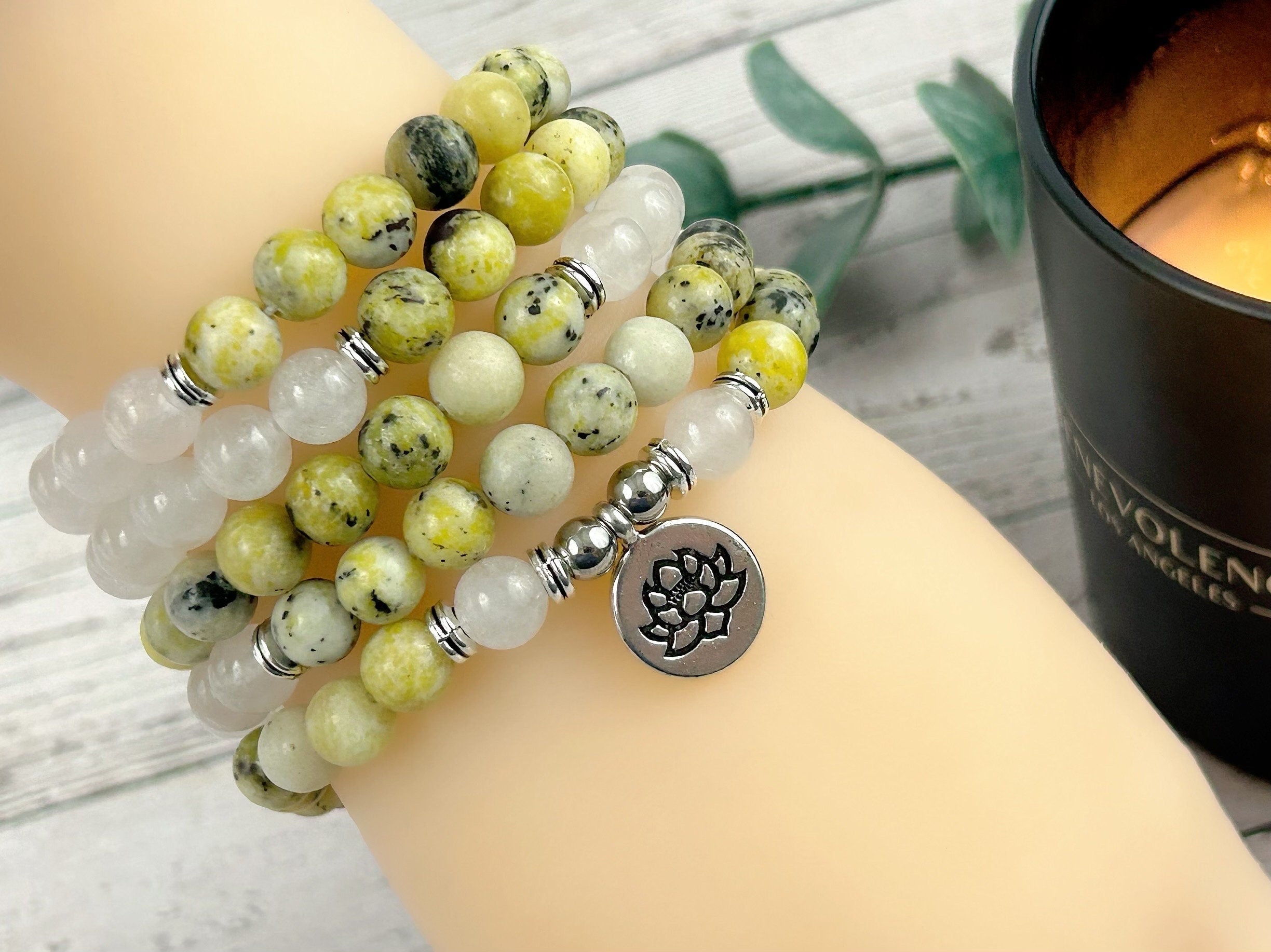 108 Mala Necklace, Yellow Turquoise Necklace, Prayer Beads, Moonstone Necklace, 108 Mala Beads Bracelet, Meditation Necklace,Energy Necklace