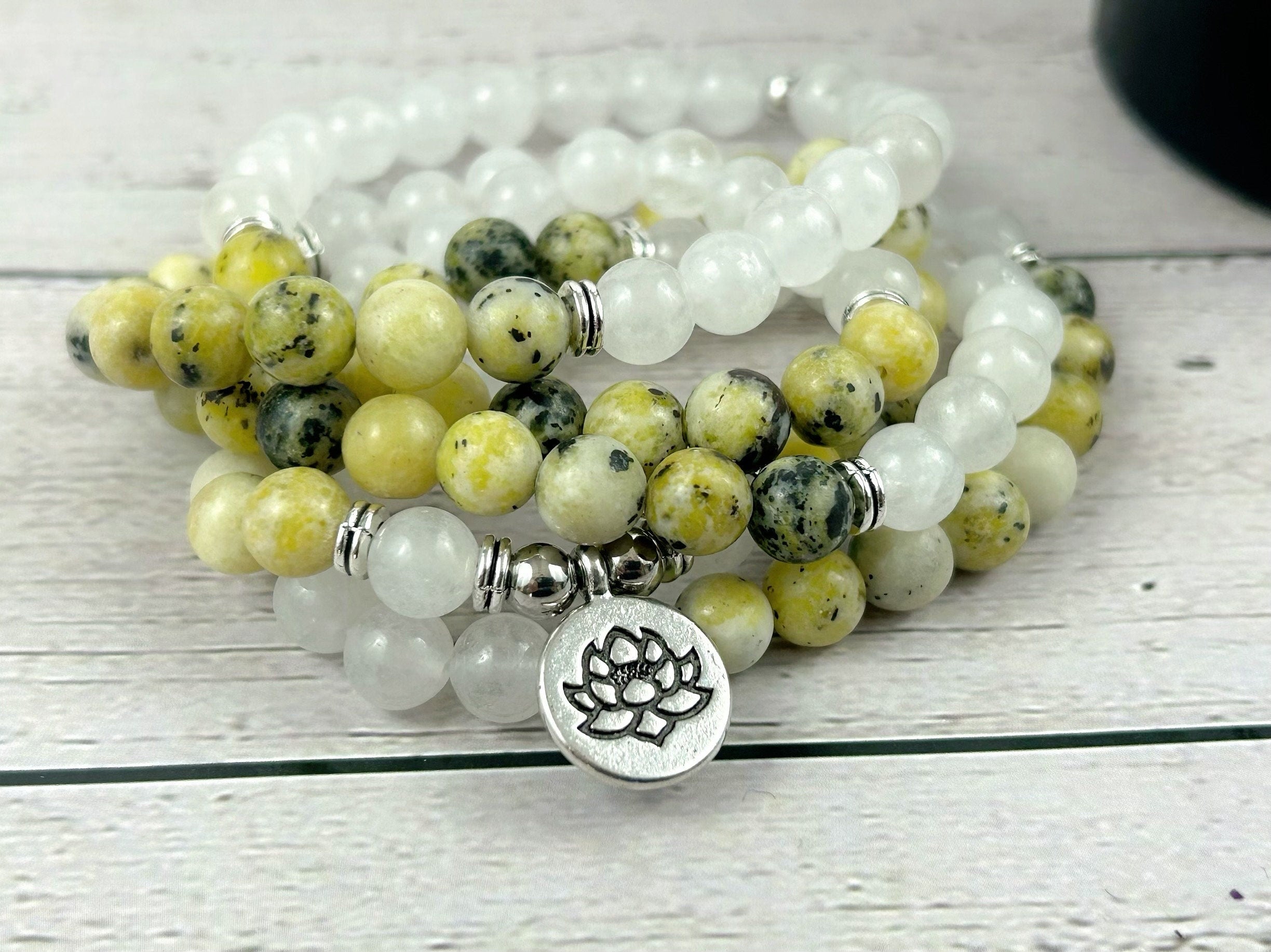 108 Mala Necklace, Yellow Turquoise Necklace, Prayer Beads, Moonstone Necklace, 108 Mala Beads Bracelet, Meditation Necklace,Energy Necklace