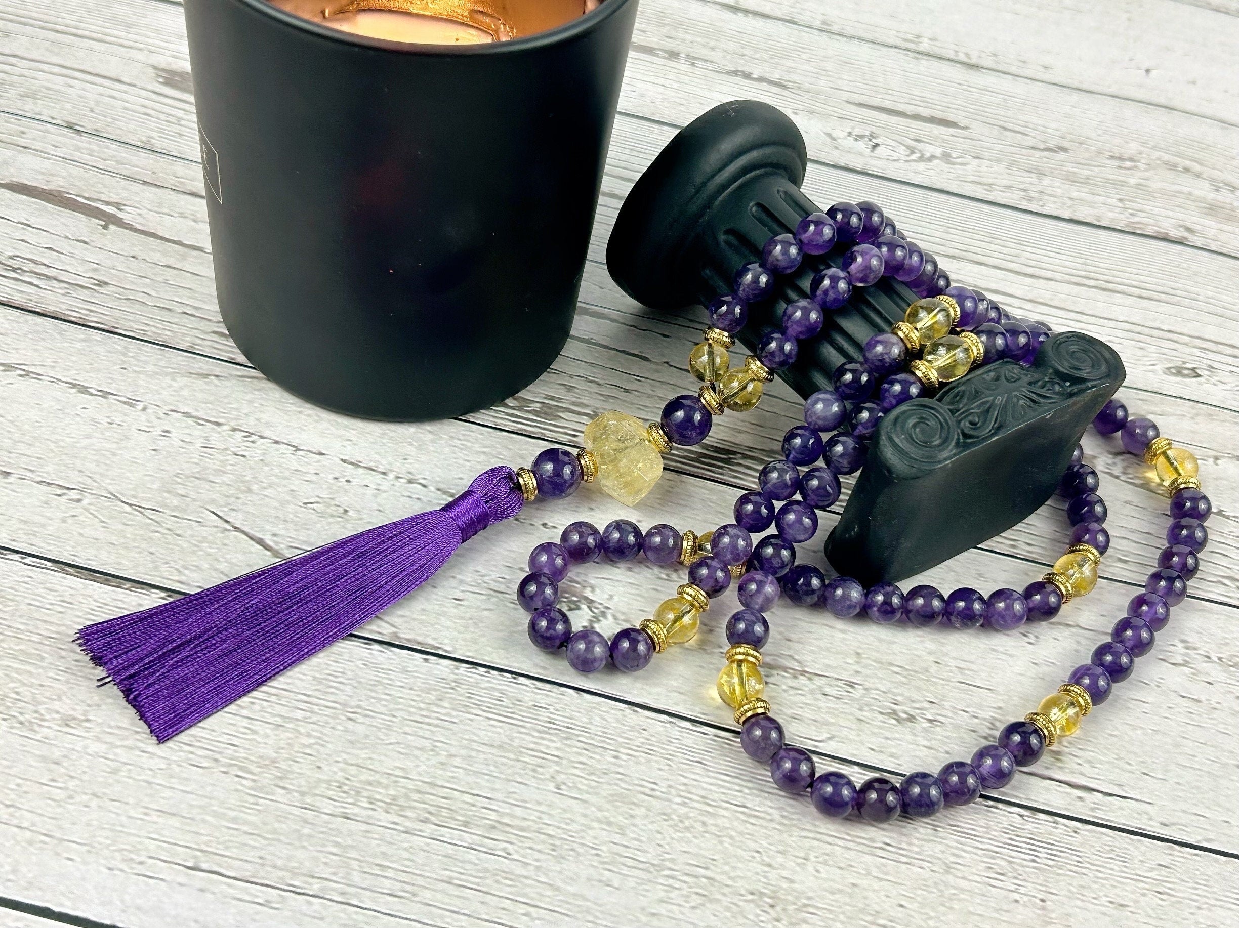 108 Mala Necklace, Amethyst Necklace, Citrine, Prayer Beads Necklace, Mala Beads Bracelet, Meditation Necklace, Handmade Jewelry