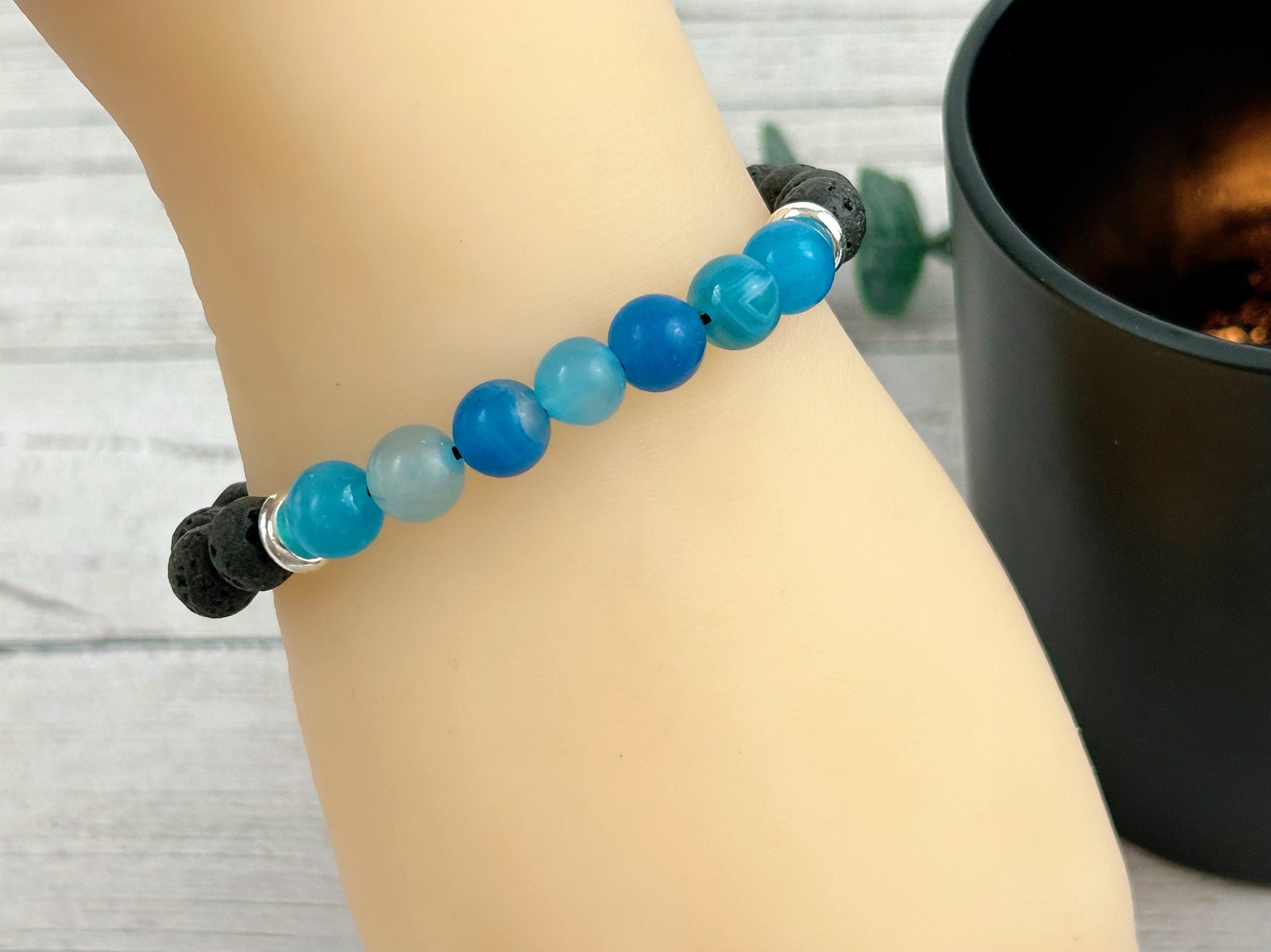 Diffuser Bracelet, Essential Oil Bracelet, Aromatherapy Bracelet, Blue Agate Bracelet, Handmade Jewelry, Black Lava Rock, Gift For Her