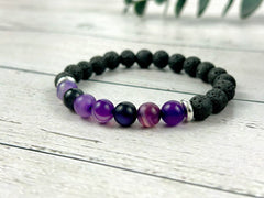 Diffuser Bracelet, Essential Oil Bracelet, Aromatherapy Bracelet, Purple Agate Bracelet, Handmade Jewelry, Black Lava Rock, Gift For Her