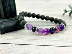 Diffuser Bracelet, Essential Oil Bracelet, Aromatherapy Bracelet, Purple Agate Bracelet, Handmade Jewelry, Black Lava Rock, Gift For Her