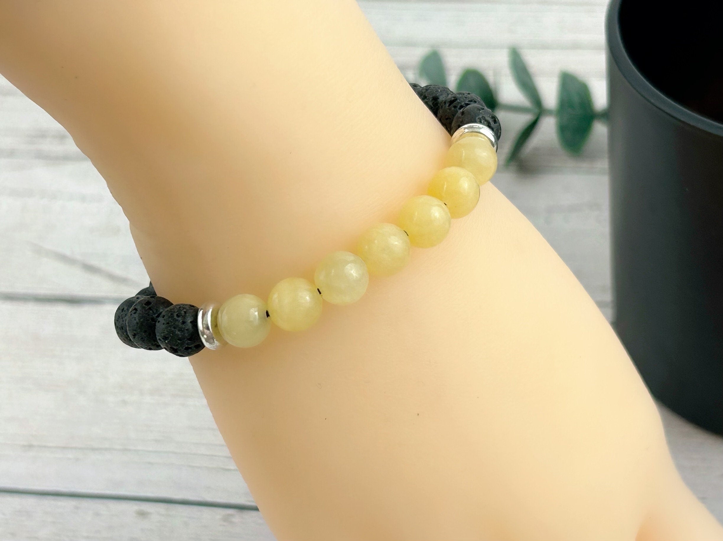 Diffuser Bracelet, Essential Oil Bracelet, Aromatherapy Bracelet, Yellow Calcite Bracelet, Handmade Jewelry, Black Lava Rock, Gift For Her