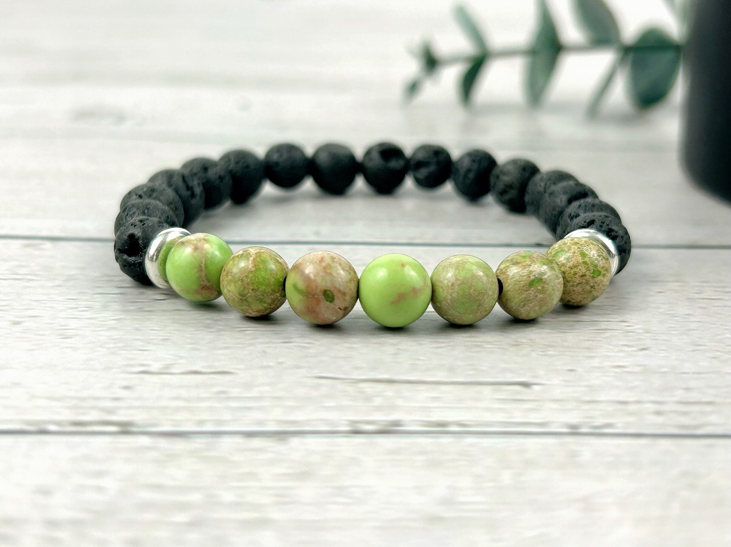 Diffuser Bracelet, Essential Oil Bracelet, Aromatherapy Bracelet, Light Green Imperial Jasper Bracelet, Sea Sediment Jasper, Black Lava Rock