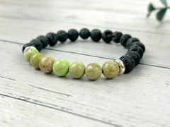 Diffuser Bracelet, Essential Oil Bracelet, Aromatherapy Bracelet, Light Green Imperial Jasper Bracelet, Sea Sediment Jasper, Black Lava Rock