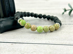 Diffuser Bracelet, Essential Oil Bracelet, Aromatherapy Bracelet, Light Green Imperial Jasper Bracelet, Sea Sediment Jasper, Black Lava Rock