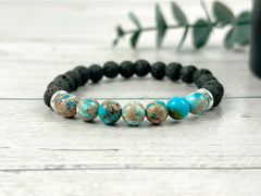 Diffuser Bracelet, Essential Oil Bracelet, Aromatherapy Bracelet, Turquoise Imperial Jasper Bracelet, Sea Sediment Jasper, Black Lava Rock